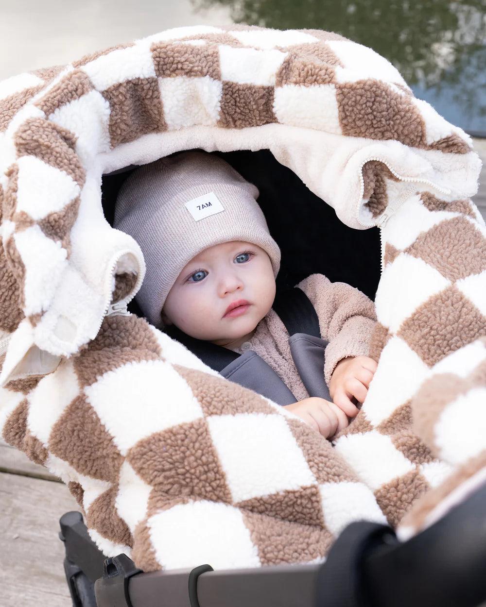 7 A.M. Car Seat Cover & Stroller Cocoon - Soft Checker Berber Fabric for Baby - Perfect for Travel, Winter Protection & Outdoor Adventures