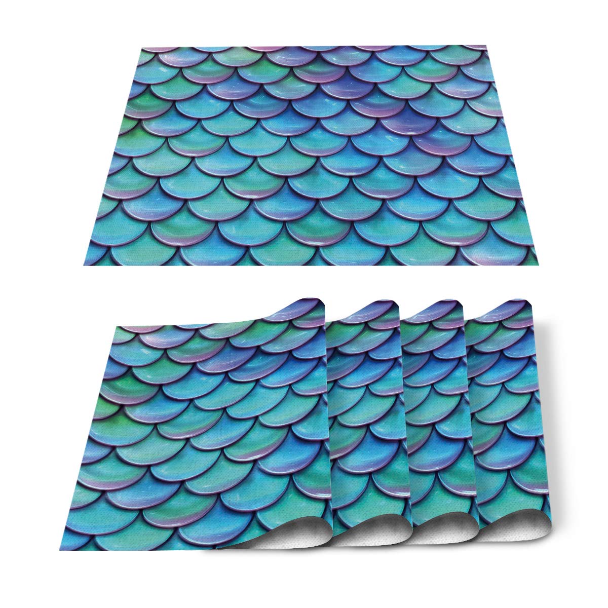 Heat-Resistant Non-Slip Cotton Linen Table Placemats Set of 4 - Blue Mermaid Fish Scale Design for Dining Table, Kitchen & Party Decor - Washable & Durable for Daily Use, Banquets & Special Events
