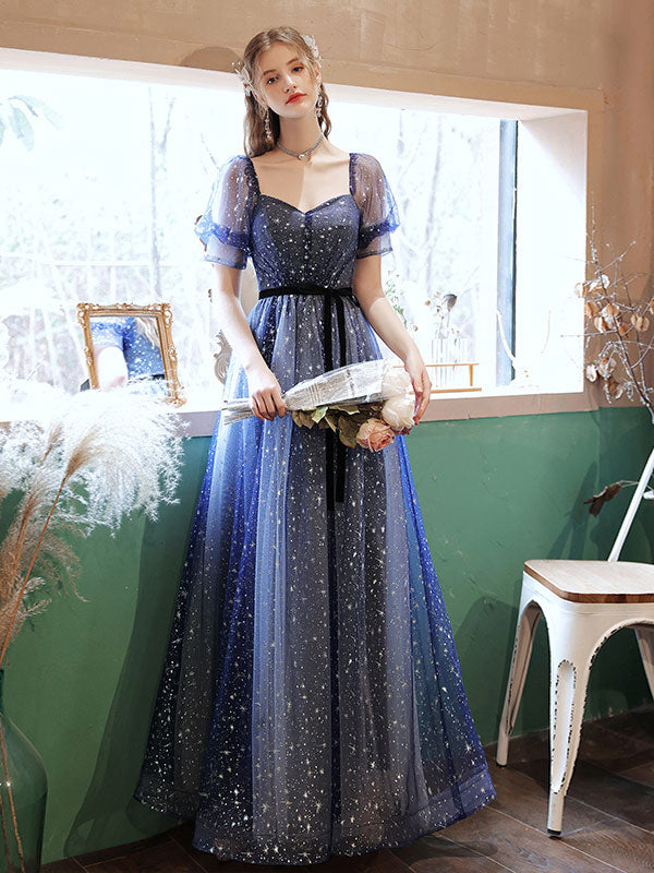 Starry Blue A-Line Tulle Long Prom Dress for Women | Elegant Formal Graduation Gown | Perfect for Homecoming, Ball, and Special Occasions