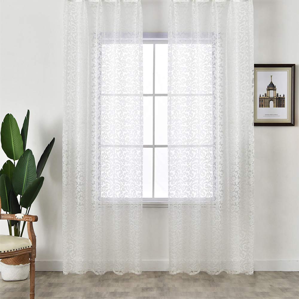 NAPEARL Elegant Jacquard Sheer Curtains 96 Inches Long - Light Filtering Voile Drapes with Pencil Pleat, Set of 2 Panels (52x96 Inch Each, White) for Living Room, Bedroom & Office Windows