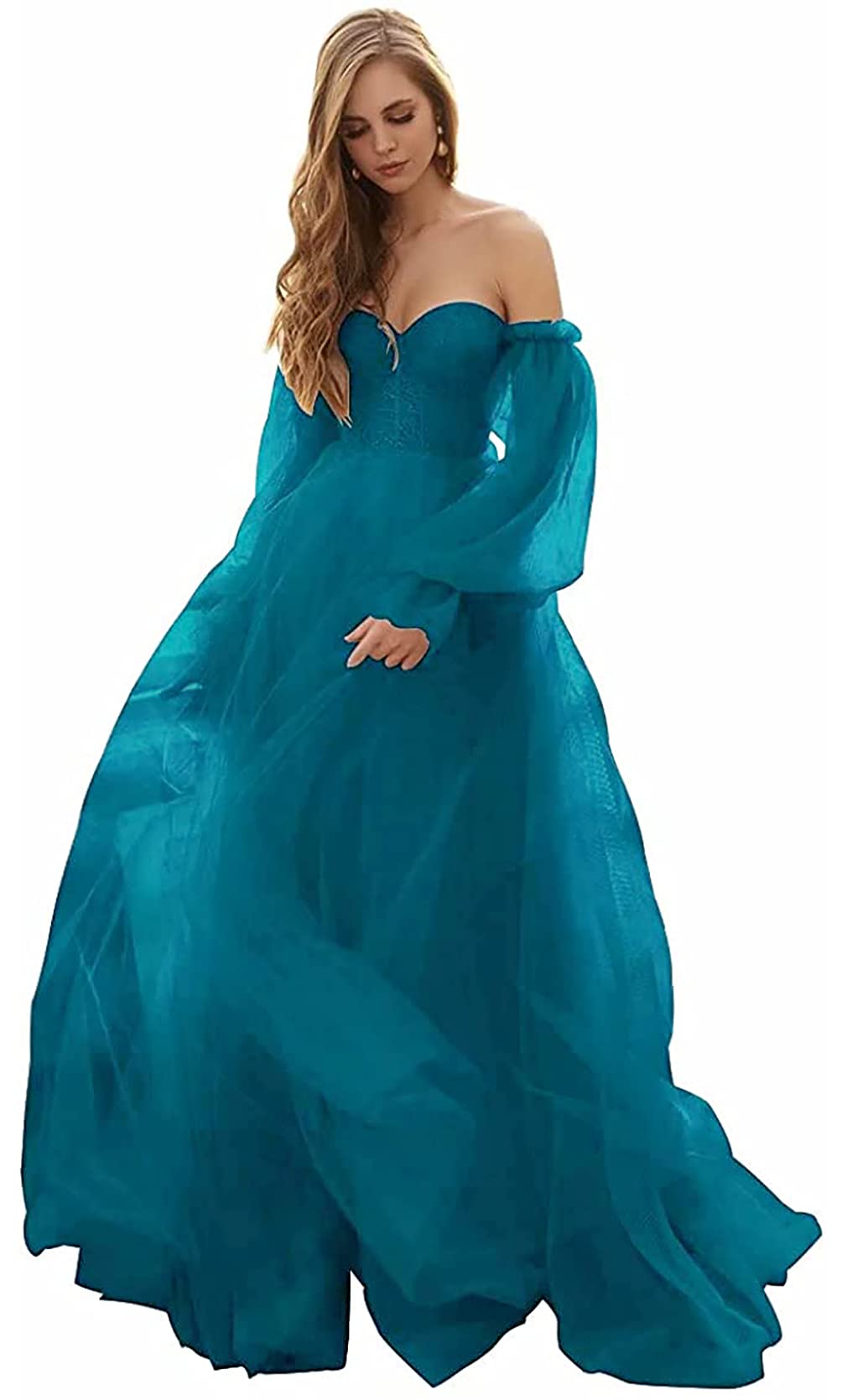 Elegant Women's Puffy Sleeve Prom Dress - Long Tulle Ball Gown with Off-Shoulder Design for Formal Parties, Weddings & Special Occasions