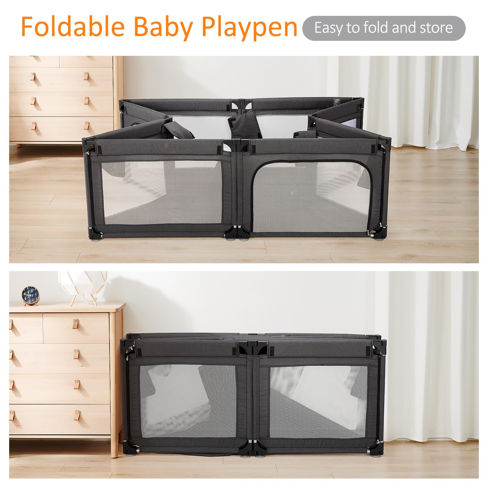 Foldable Baby Playpen with Bottom - 79x59in Large Play Yard Center, Baby Gate & Fence Play Area for Toddlers & Kids (Black) - Perfect for Indoor Playtime, Nursery Safety & Childproofing Your Home