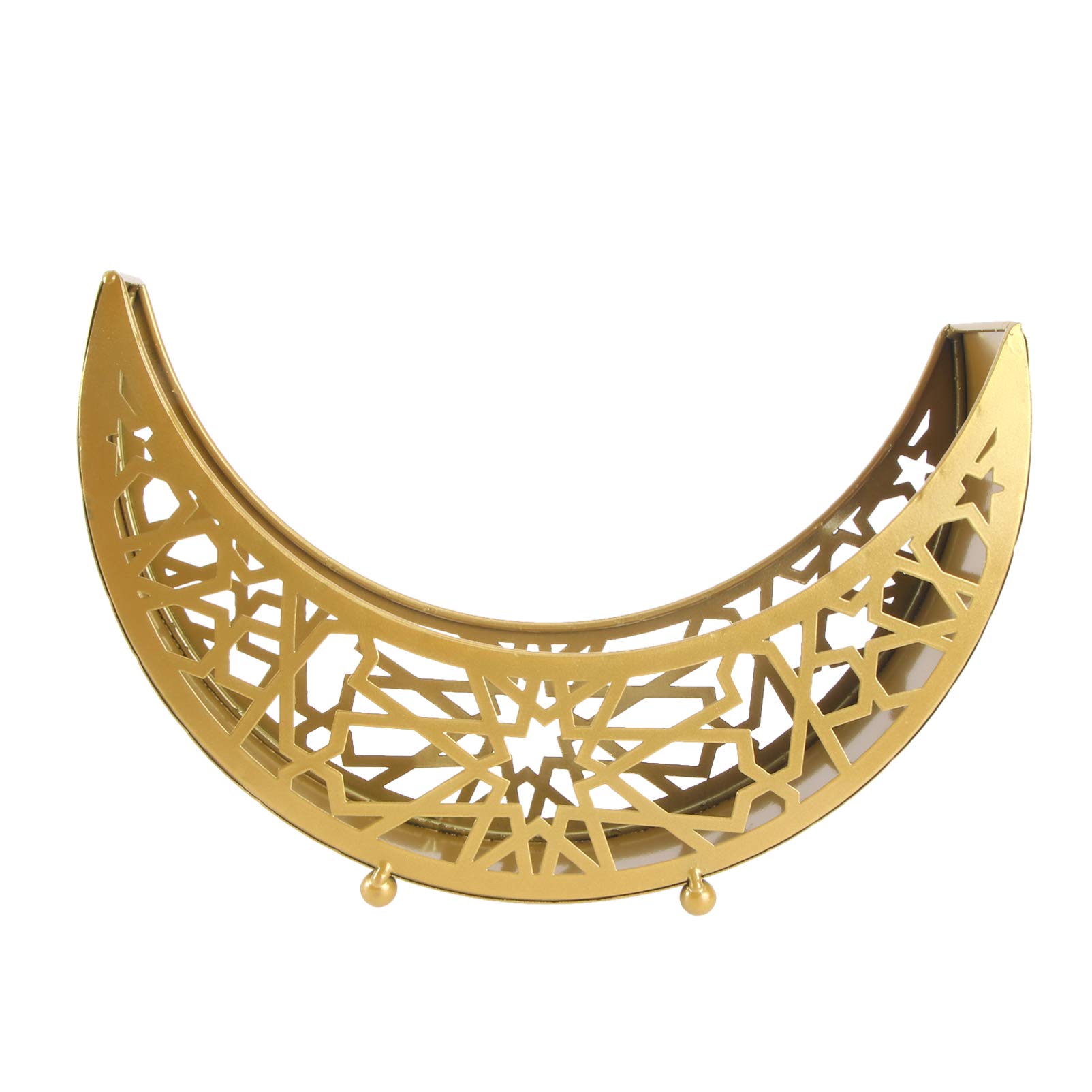Ramadan Eid Moon Shaped Metal Serving Tray - 3D Islamic Decorative Platter for Candy, Snacks & Desserts - Gold Iron Tray for Muslim Home Decor & Party Supplies (Perfect for Ramadan Celebrations, Iftar Gatherings & Eid Festivities)
