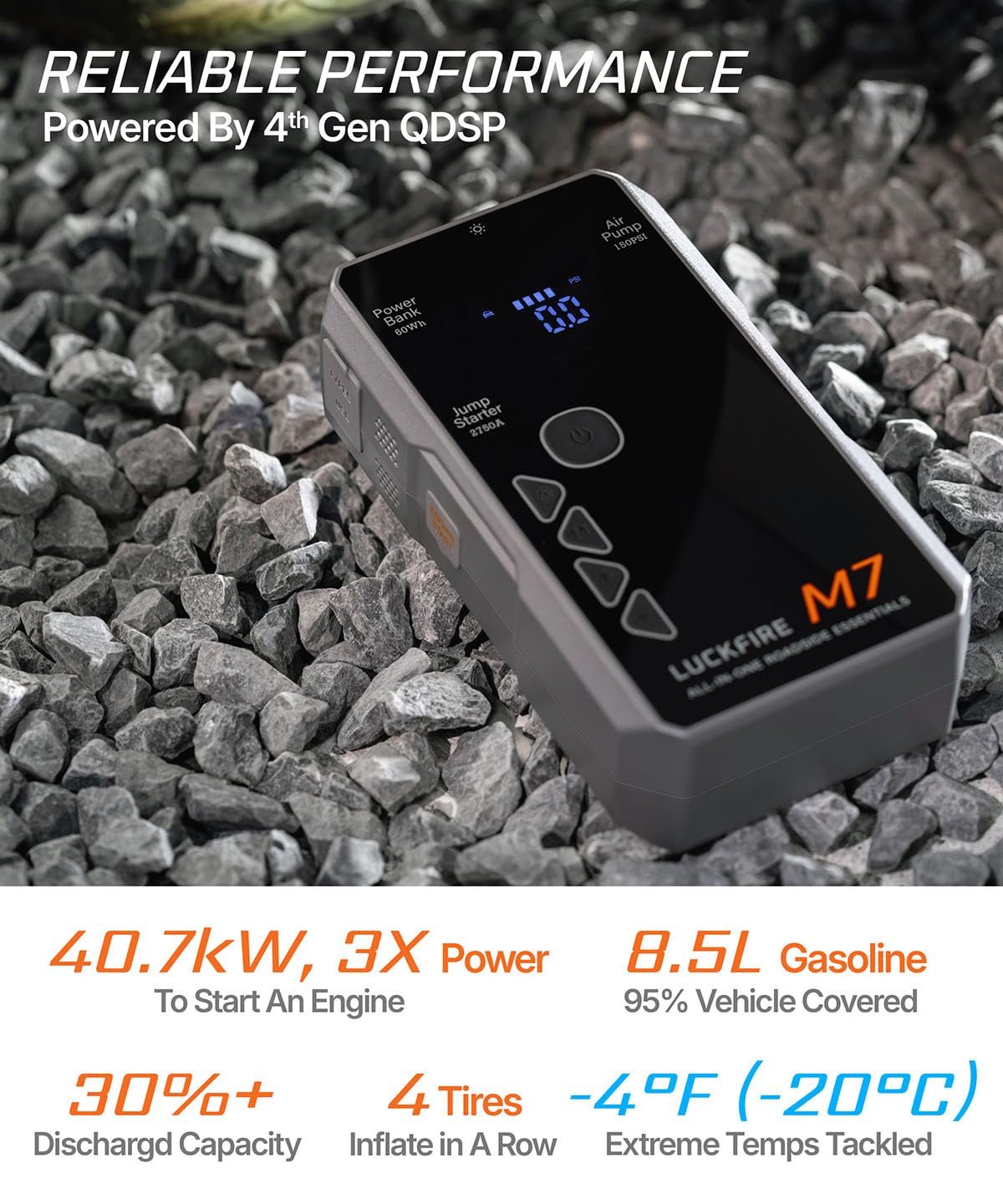 M7 All-in-One Car Battery Jump Starter with Air Compressor - 12V Portable Jump Box for 8.5L Gas/6.5L Diesel Engines, 150PSI Digital Tire Inflator, 60Wh Power Bank & LED Flashlight - Emergency Roadside Assistance for Cars, Trucks, SUVs & Motorcycles