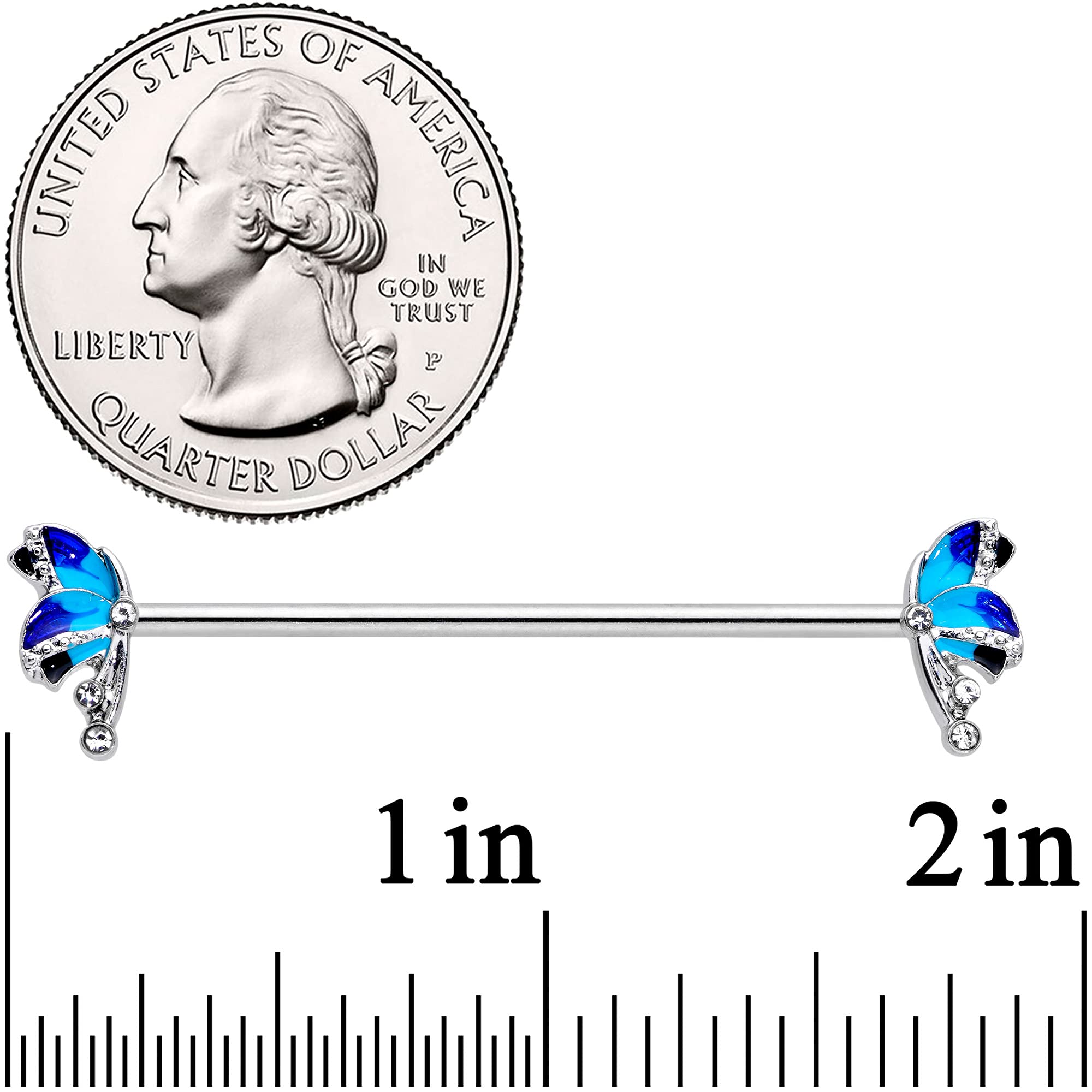 14G Stainless Steel Helix Cartilage Earring - Blue Butterfly Industrial Barbell (1 1/2