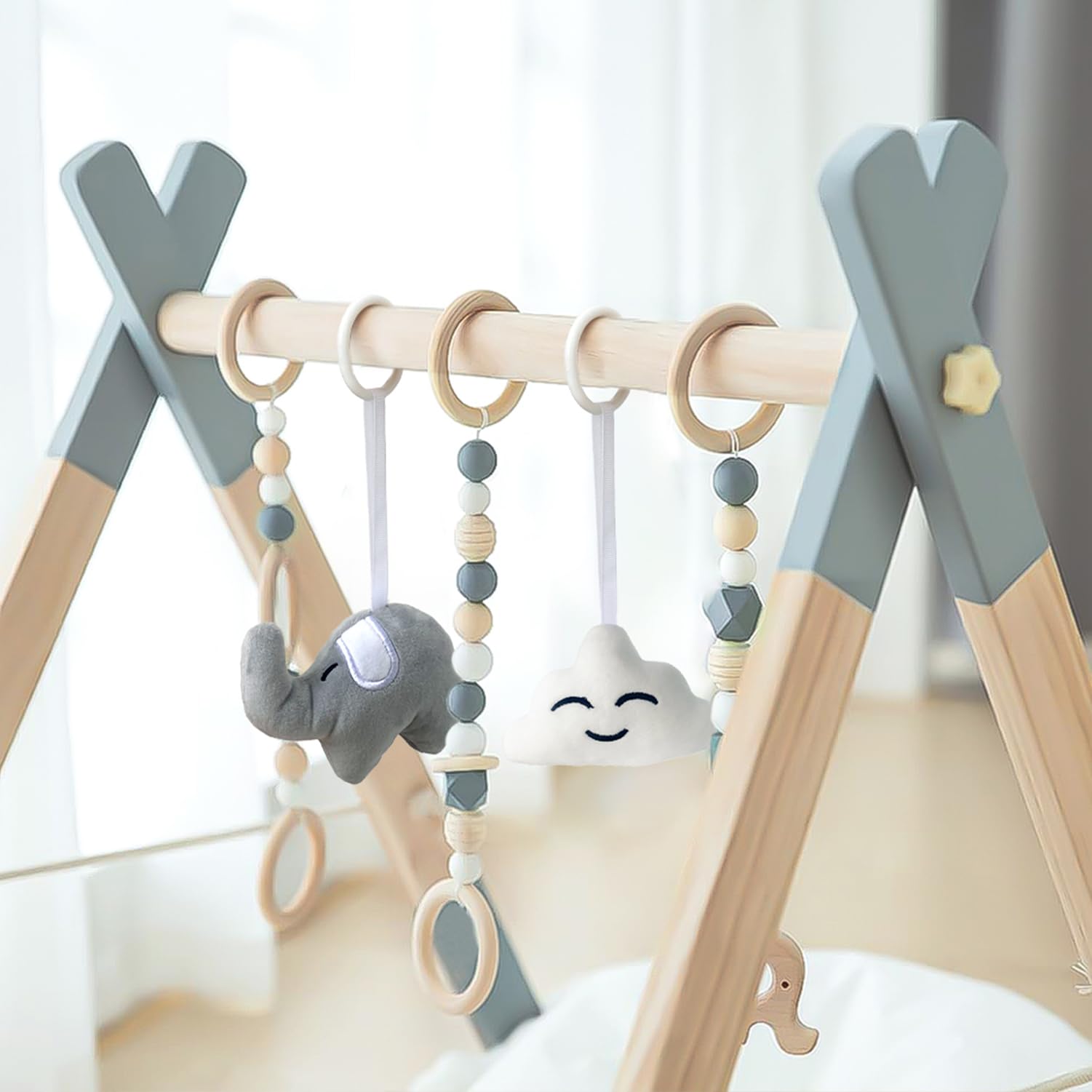 Foldable Wooden Baby Play Gym with 5 Hanging Toys - Natural Wood Activity Gym for Newborns & Infants (Grey) | Perfect for Tummy Time, Sensory Play & Early Development