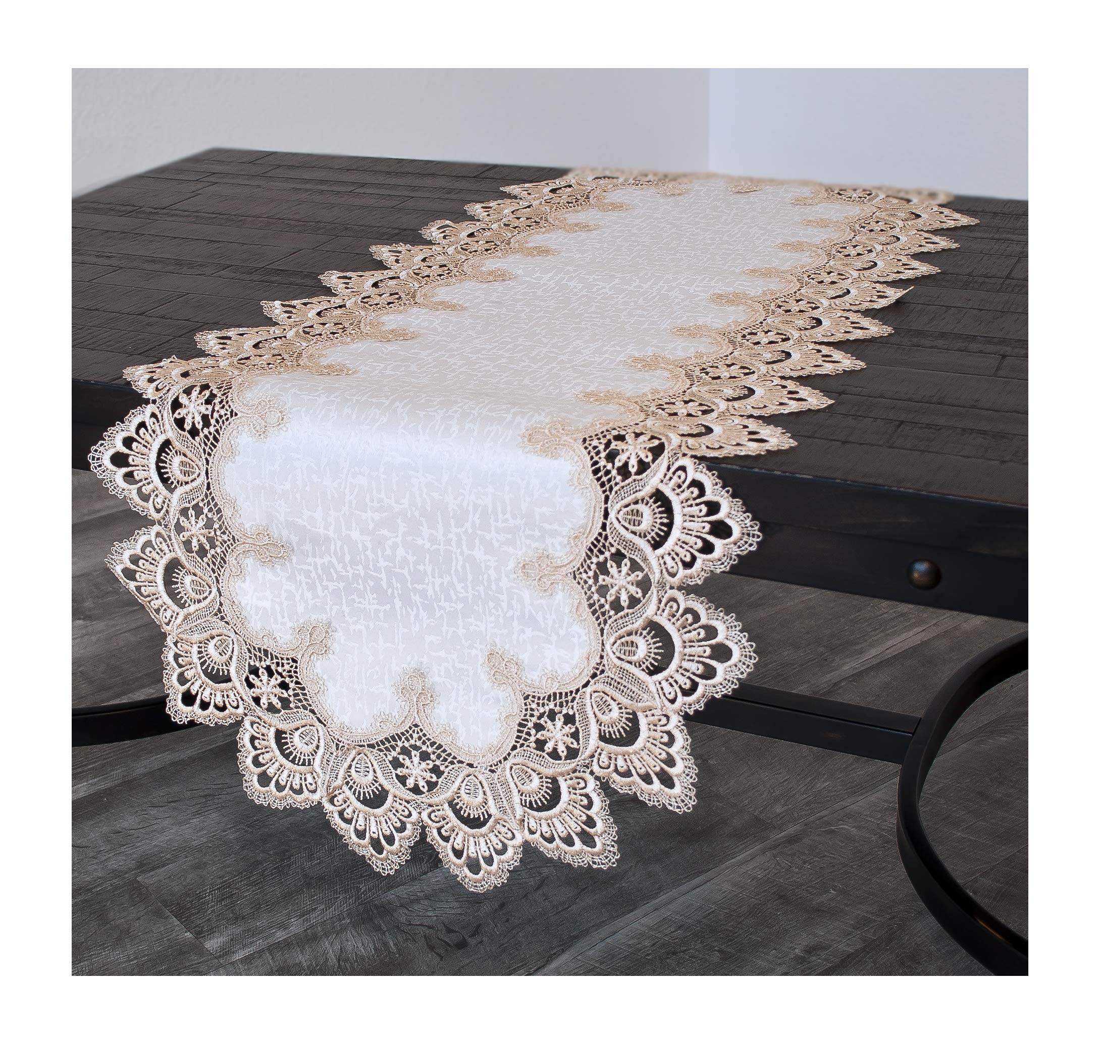 Antique Gold European Lace Jacquard Fabric Table Runner - Vintage Dresser Scarf & Coffee Table Decor (16x44 Inches) - Perfect for Dining Tables, Wedding Decor & Home Centerpieces