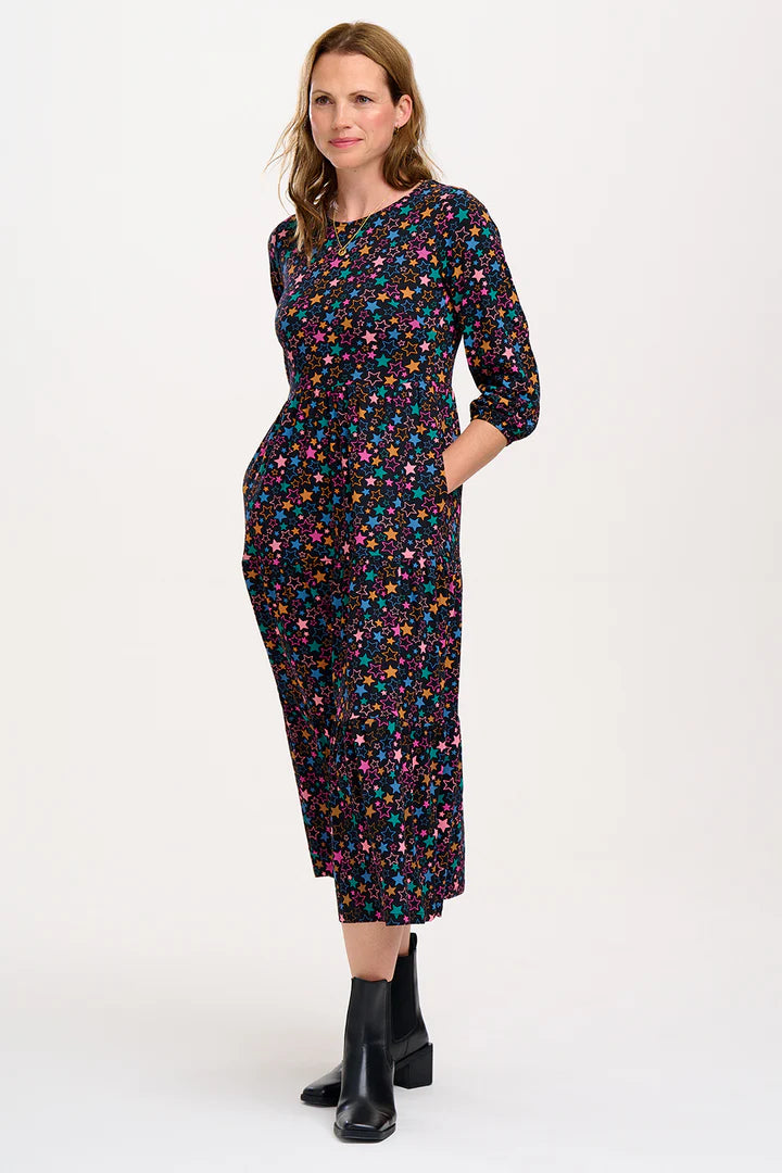 Bakari Jersey Tiered Midi Dress - Black Star Cluster Print Flowy Summer Dress for Women | Perfect for Beach Vacations, Date Nights & Casual Outings