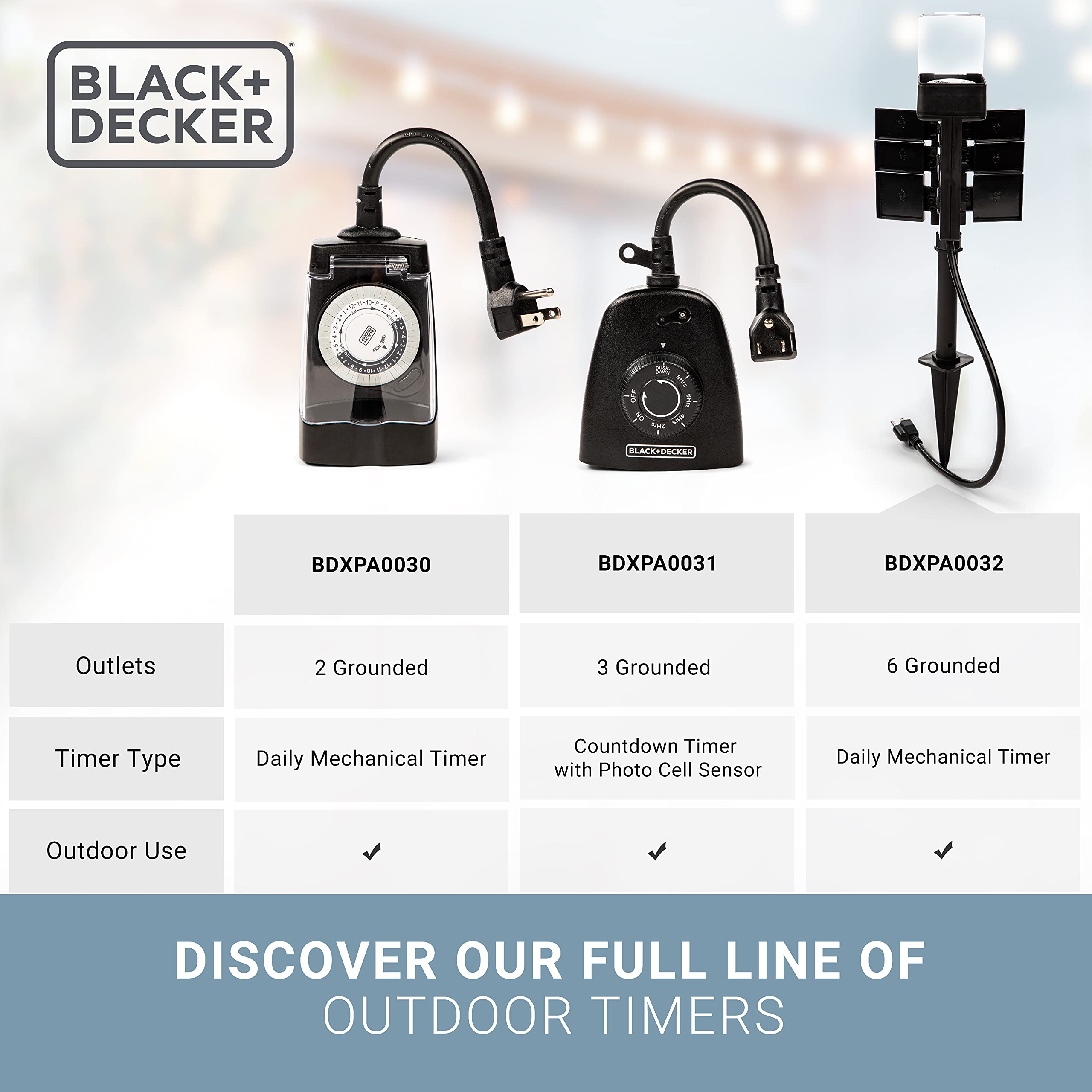 BLACK+DECKER Outdoor Waterproof Garden Timer Stake with 6 Grounded Outlets - 30-Minute Interval Timer for Lights & Power Tools - Heavy Duty Outdoor Power Stake with Overload Protection - Perfect for Landscape Lighting, Holiday Decorations & Irrigation Systems