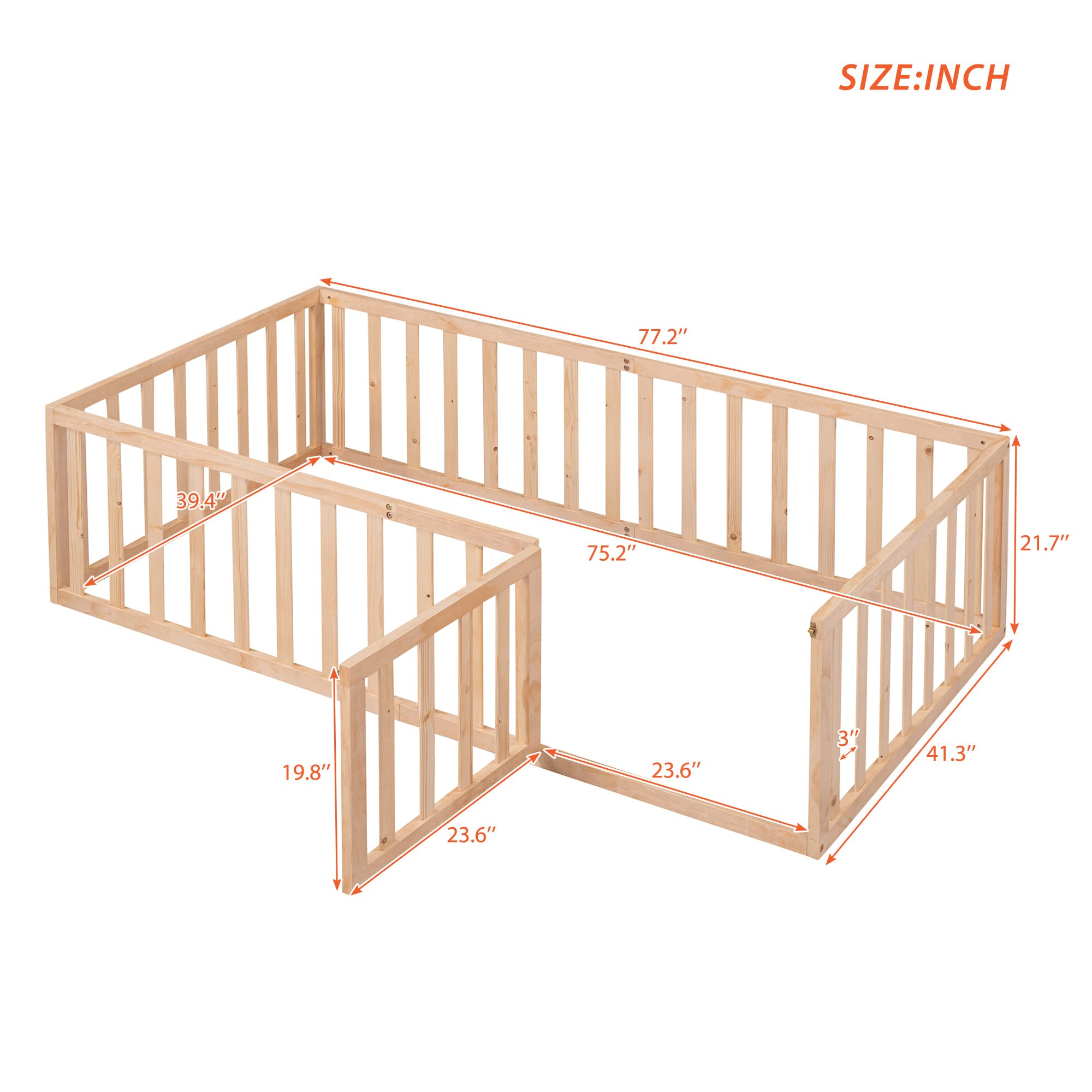 Bellemave Twin Floor Bed with Safety Fence & Door - Montessori Kids Bed Without Slats - Natural Wood Toddler Bed for Boys & Girls - Perfect for Montessori Bedrooms & Safe Sleep Training