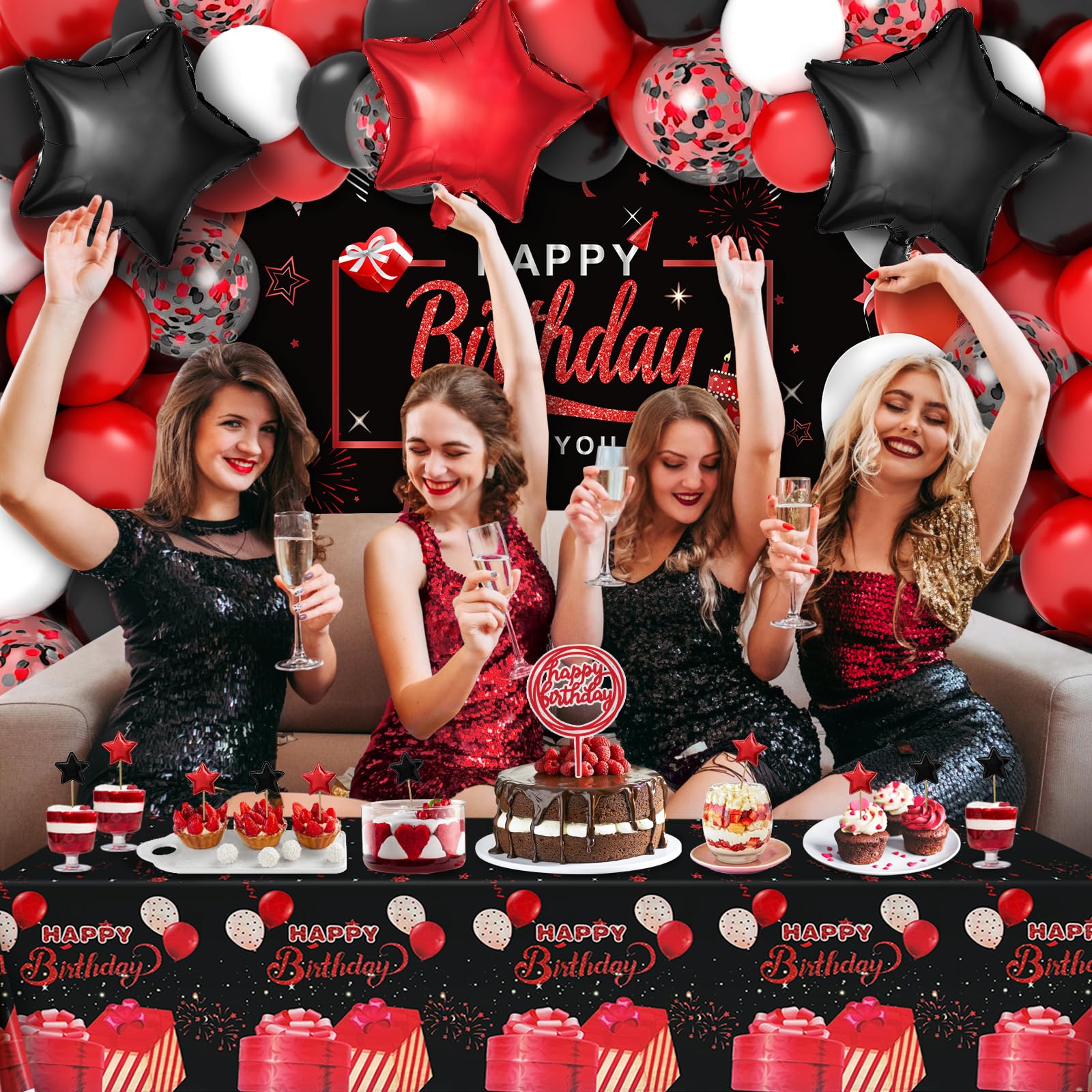 Red and Black Birthday Party Decorations Kit for Men, Women, Boys & Girls - Includes Balloon Arch, Garland, Happy Birthday Backdrop, Star Foil Balloons, Cake Toppers & Tablecloth | Perfect for Adult Birthday Parties, Gender Reveals & Anniversary Celebrations