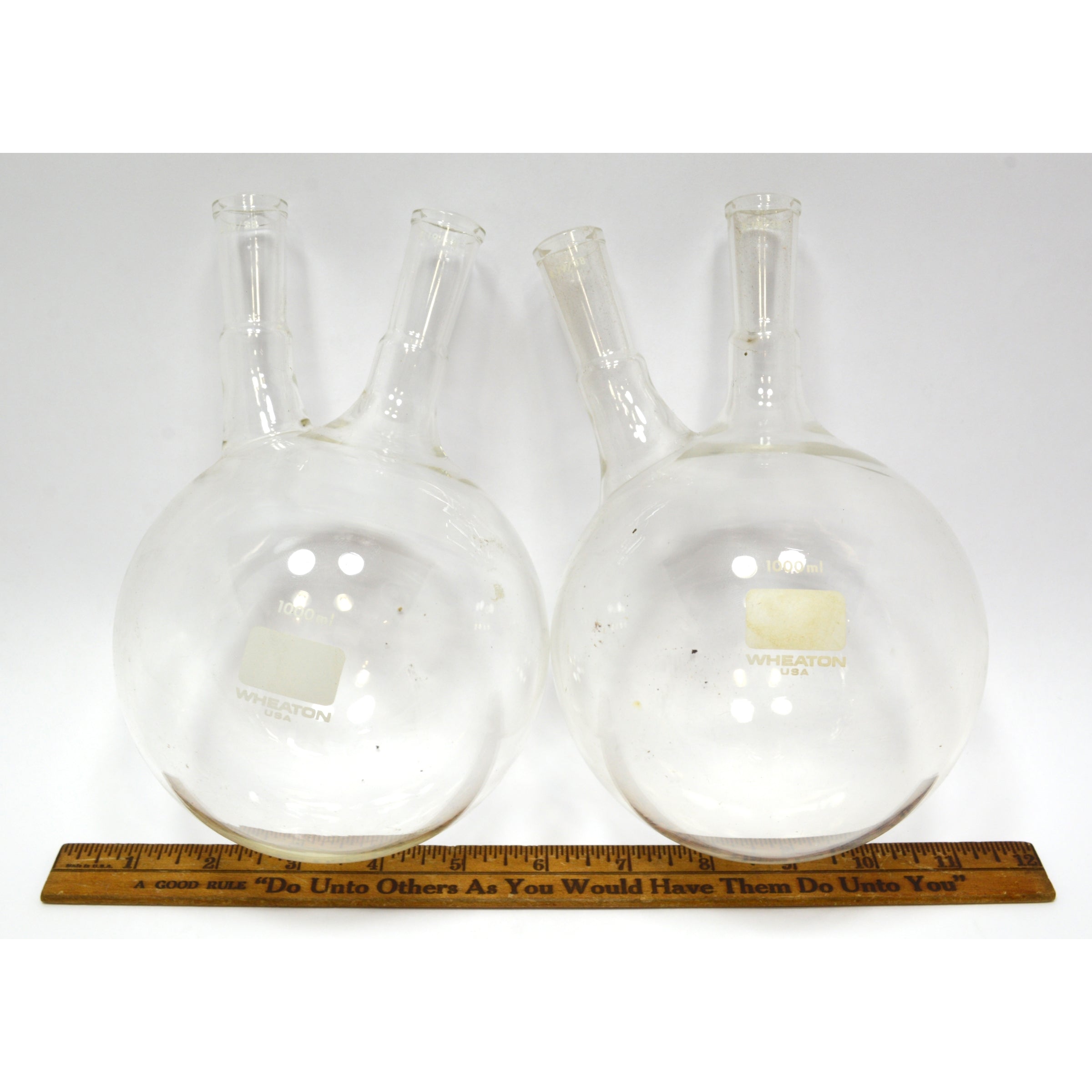 Premium Glass Lab Equipment Set - Lot of 9 Wheaton Chemistry 2-Neck Flasks with Adapters for Scientific Experiments & Laboratory Use