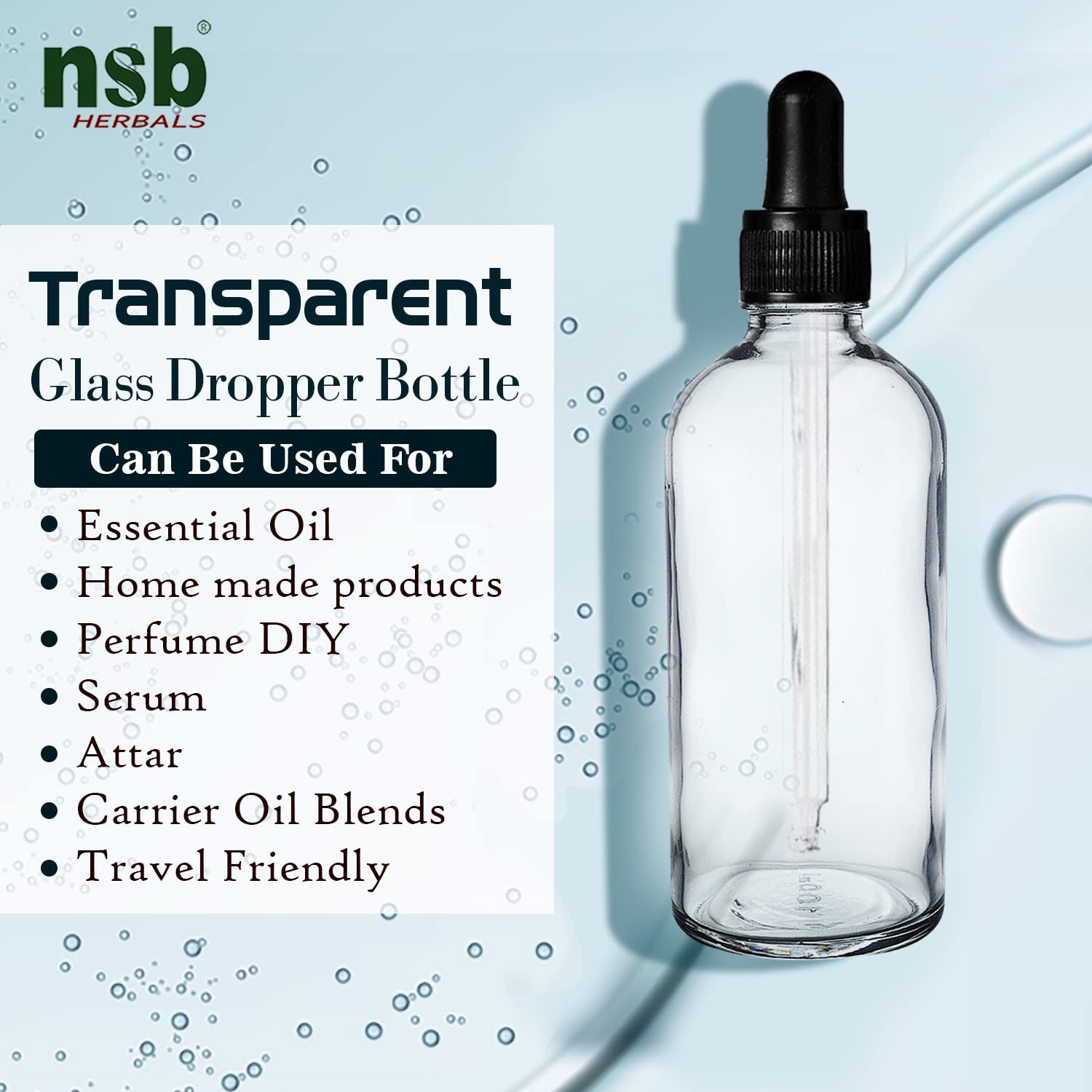 NSB Herbals 100ml Clear Round Empty Glass Bottle with Dropper - Black Ring & Silicone Teat - Refillable for Essential Oils, Perfumes, Blends (Pack of 3) - Perfect for DIY Aromatherapy, Skincare & Travel Size Liquids