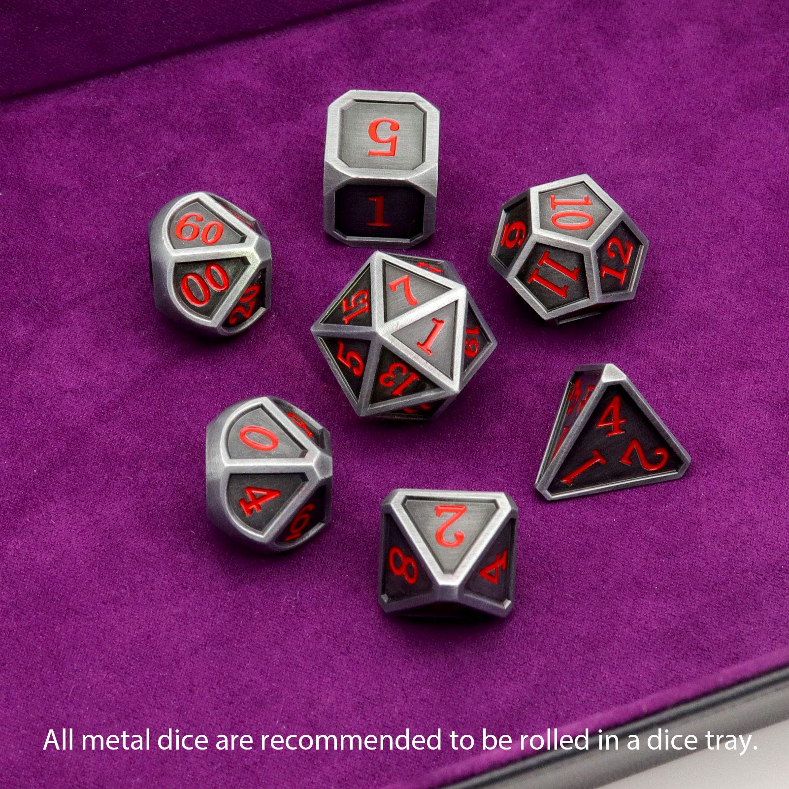 Haxtec 7-Piece Ancient Silver Metal DND Dice Set - Large Rounded Antique Iron RPG Dice with Red Numbers for Dungeons & Dragons, Pathfinder, TTRPG Games - Perfect for Tabletop Roleplaying, Game Nights & Fantasy Gifts (Standard Size)