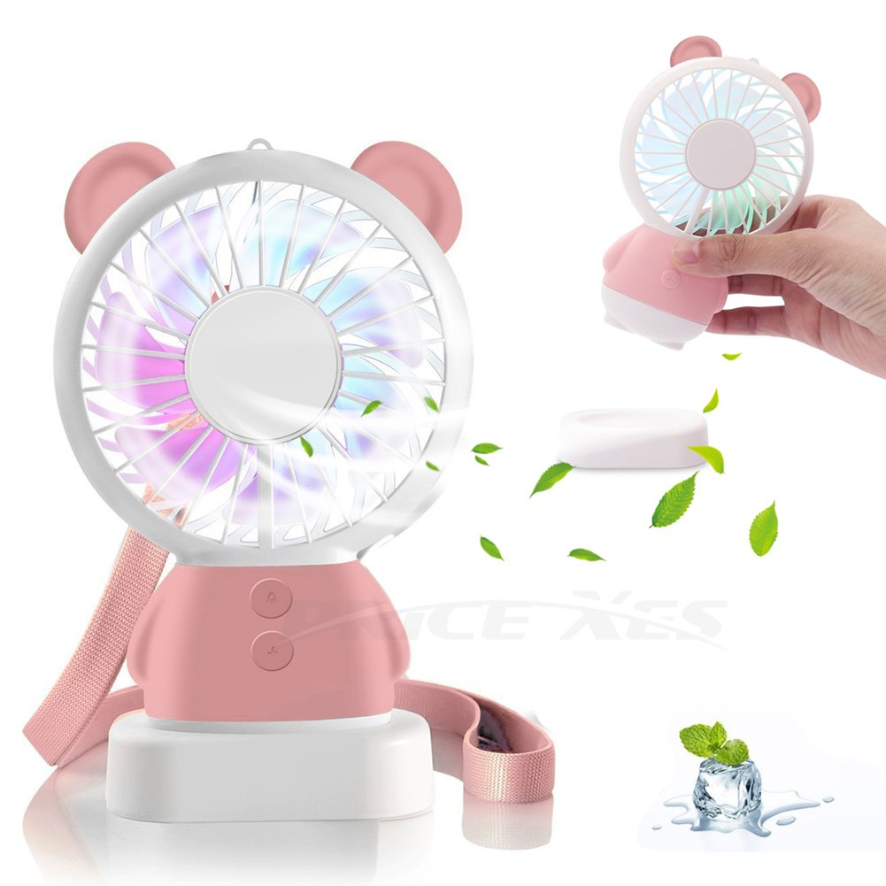 Mini Handheld Fan with Color LED Light & 2 Speed Settings - USB Rechargeable Portable Necklace Fan with Stand for Desk, Travel, Camping, Office, Kids - Perfect Summer Cooling Gift (Bear Pink)