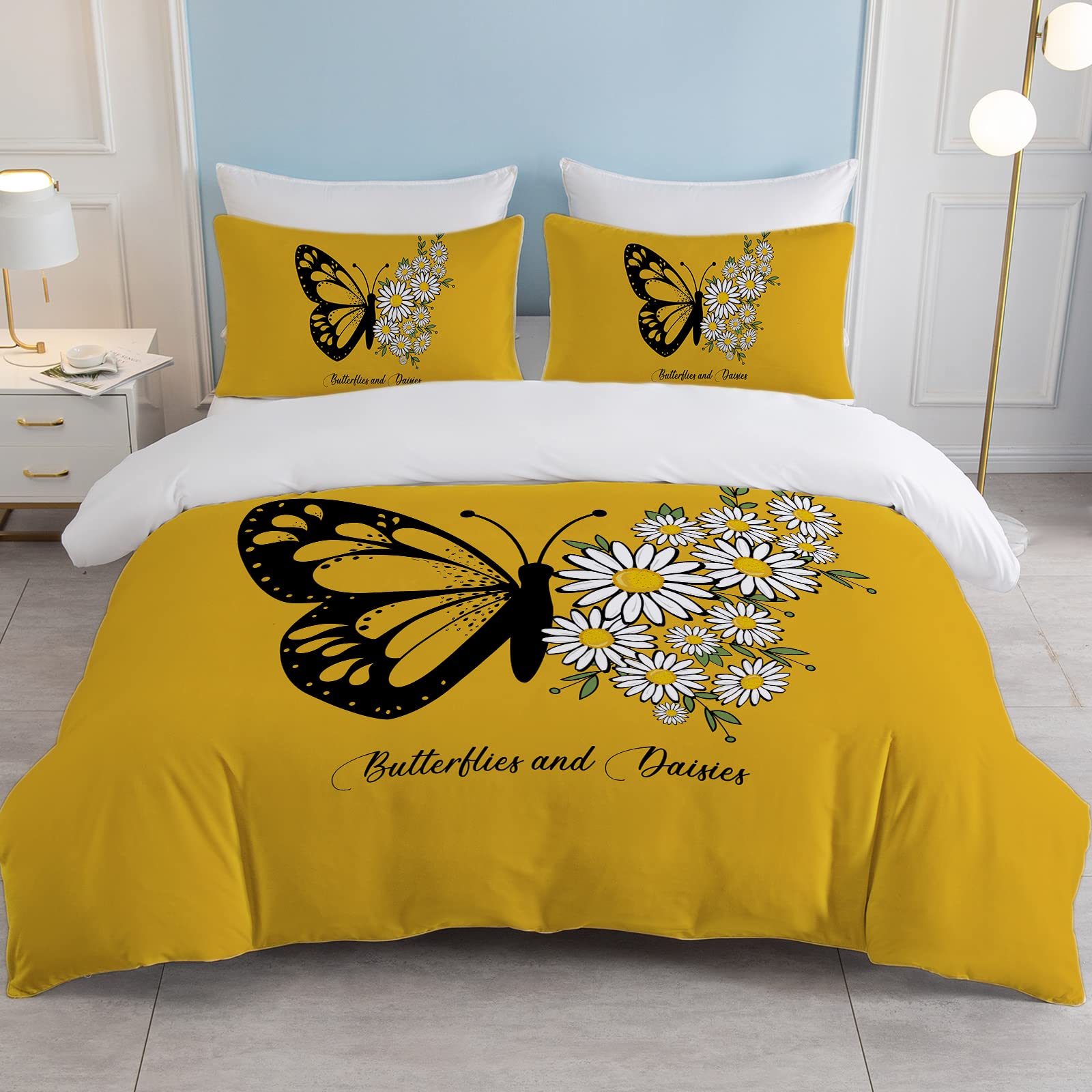 Black Butterfly Duvet Cover Full Set - Soft Yellow Daisy Floral Bedding for Women | Cozy Bedroom Decor