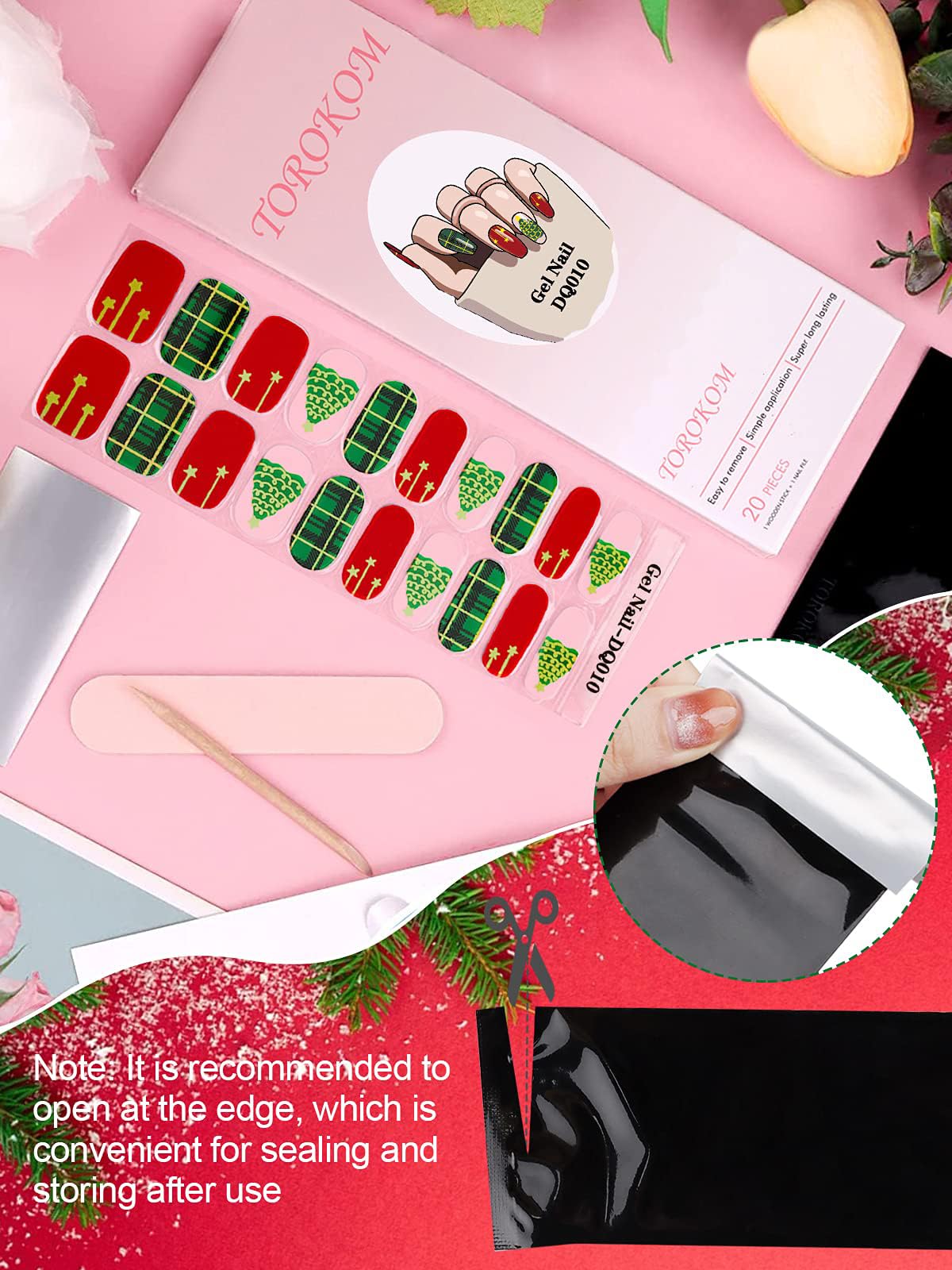 TOROKOM Christmas Gel Nail Polish Strips - 20PCS Holiday Nail Art Stickers with Xmas Tree Designs, Nail File & Stick for Women & Girls | Perfect for Christmas Parties, Gift Giving & Festive Nail Decorations