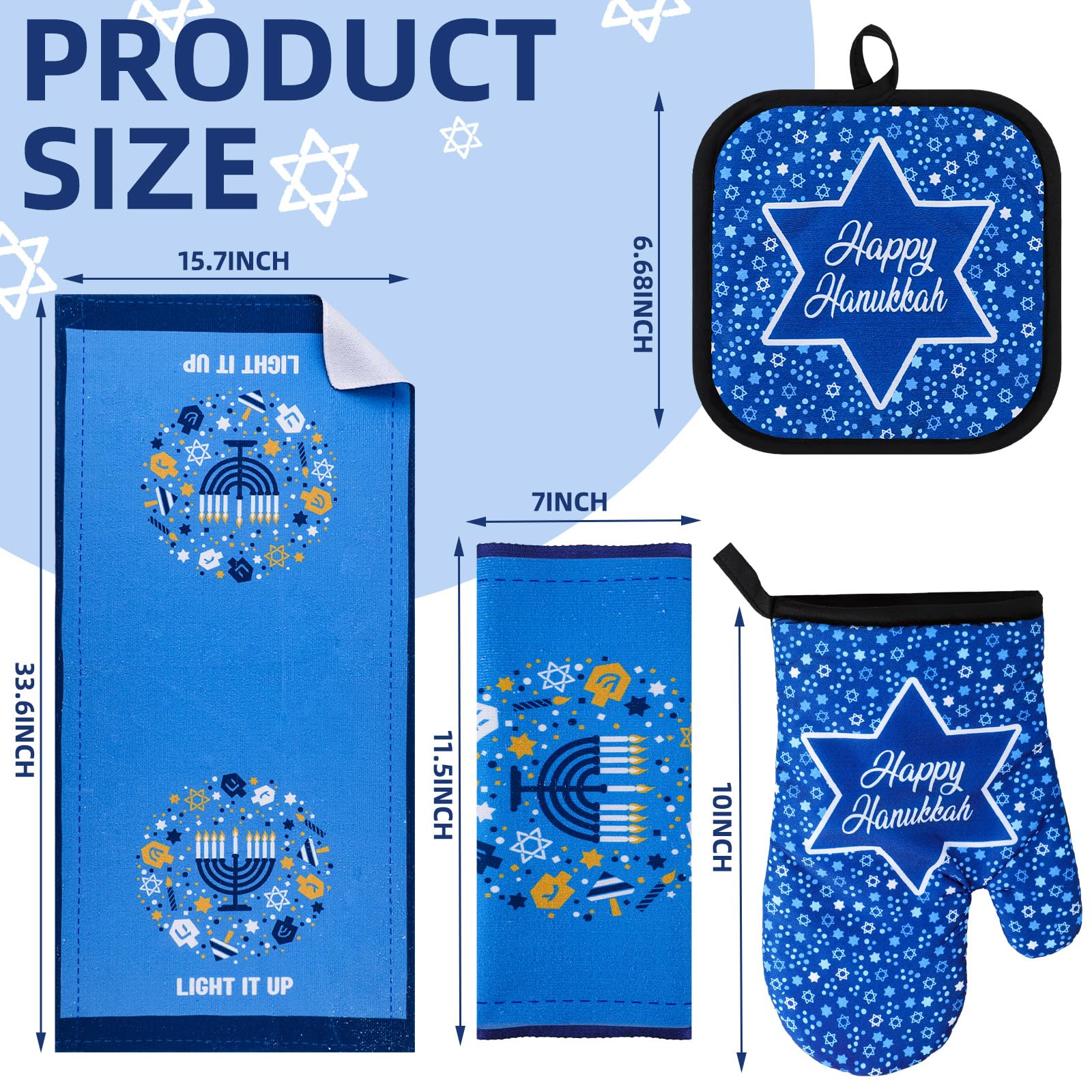 6 Pcs Hanukkah Hostess Gift Set - 4 Kitchen Towels, Pot Holder & Oven Mitt - Chanukah Kitchen Decor & Cooking Accessories for Women - Perfect for Hanukkah Parties, Holiday Cooking & Hostess Gifting