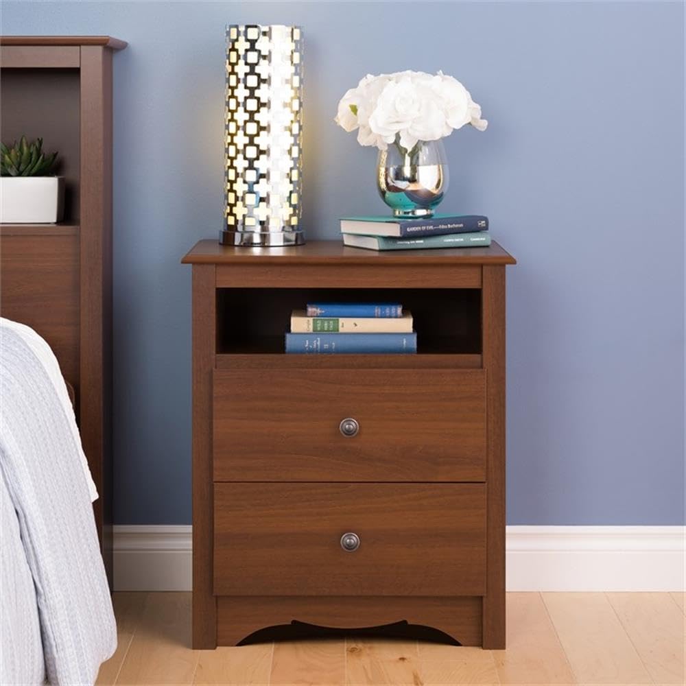 Prepac Sonoma 2-Drawer Nightstand - Modern Cherry Wood Bedside Table with Open Shelf, 23.25