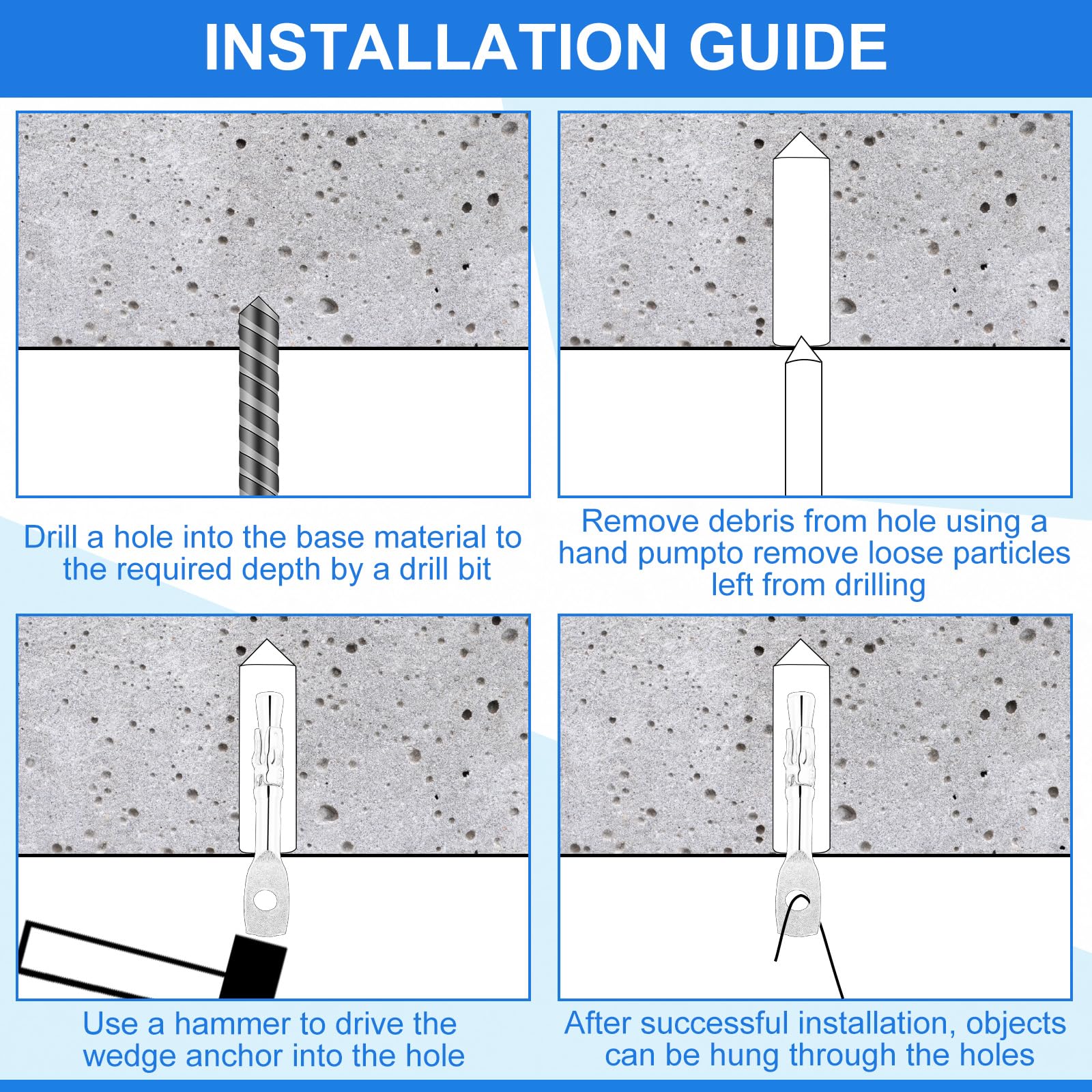 Pasimy 50 Pcs 1/4 x 2 Inch Galvanized Carbon Steel Eye Bolt Wedge Concrete Anchors - Heavy Duty Ceiling Hangers for Swing Chairs, Hammocks, Acoustic Ceiling Fixtures & Home Decor (Ideal for Indoor/Outdoor Use)