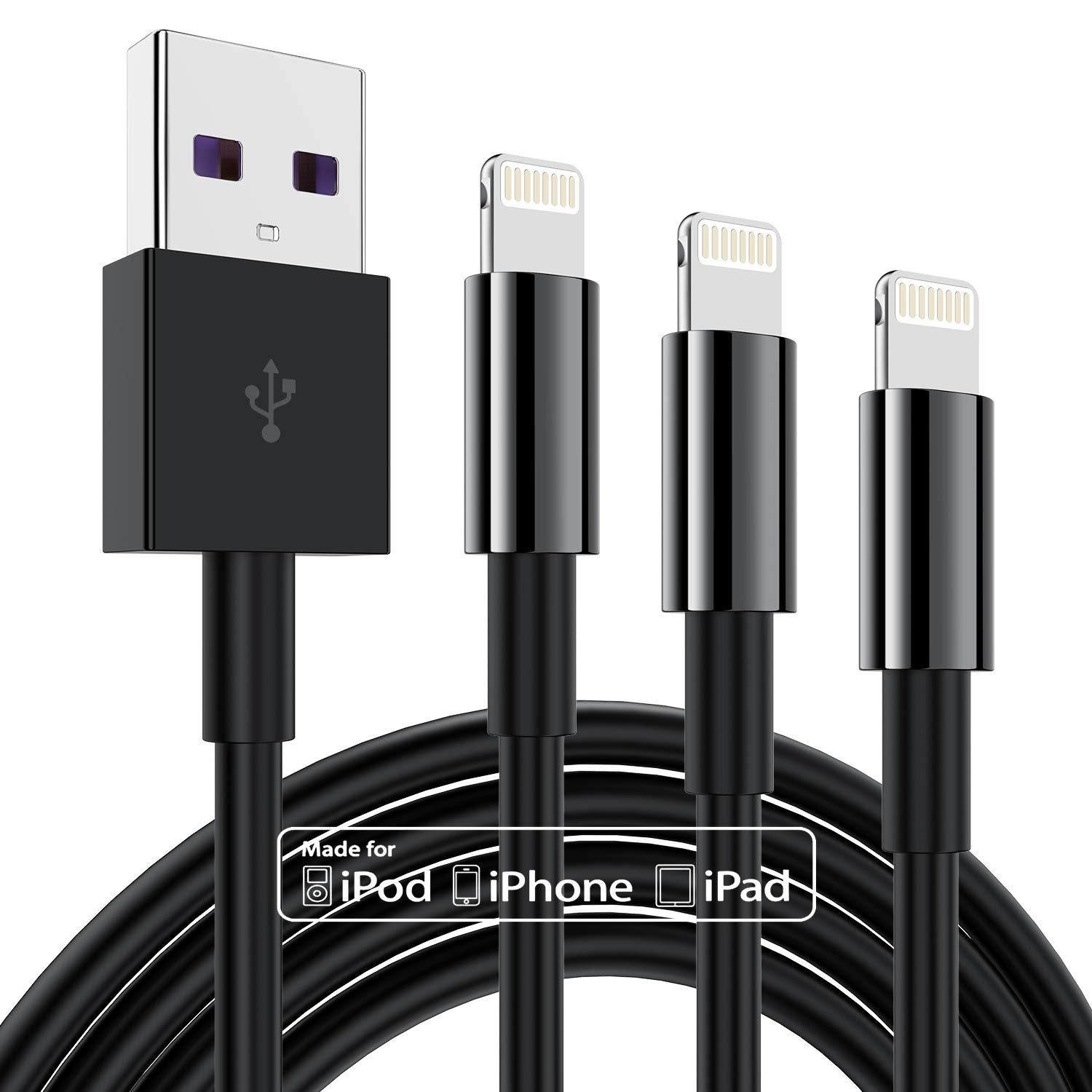 3 Pack MFi Certified Lightning to USB Cable 6ft - Fast Charging 2.4A Apple Charger Cord for iPhone 11/11 Pro/11 Max/X/XS/XR/XS Max/8/7/6 - Durable Long Charging Cable for Home, Office & Travel (Black)