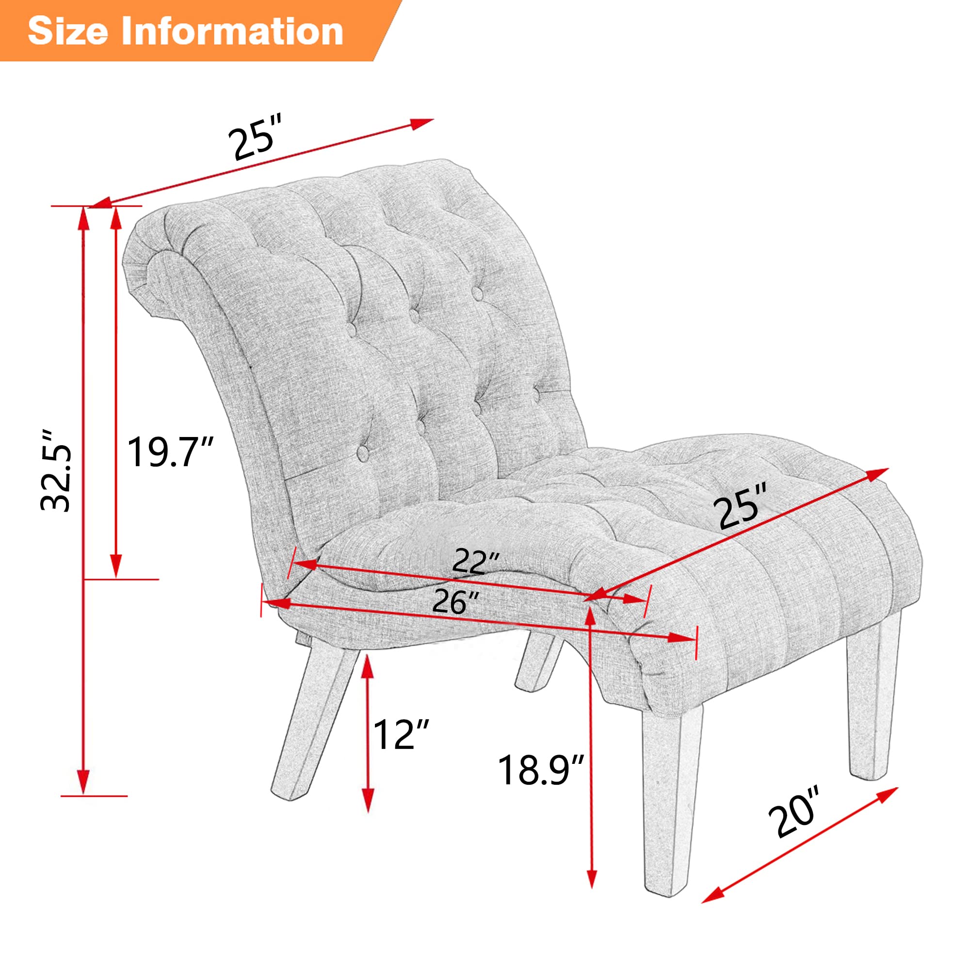 Awonde Modern Accent Chair - Armless Upholstered Lounge Chair for Bedroom, Living Room & Office - Gray Linen Fabric - Perfect for Guest Seating, Club & Leisure Spaces