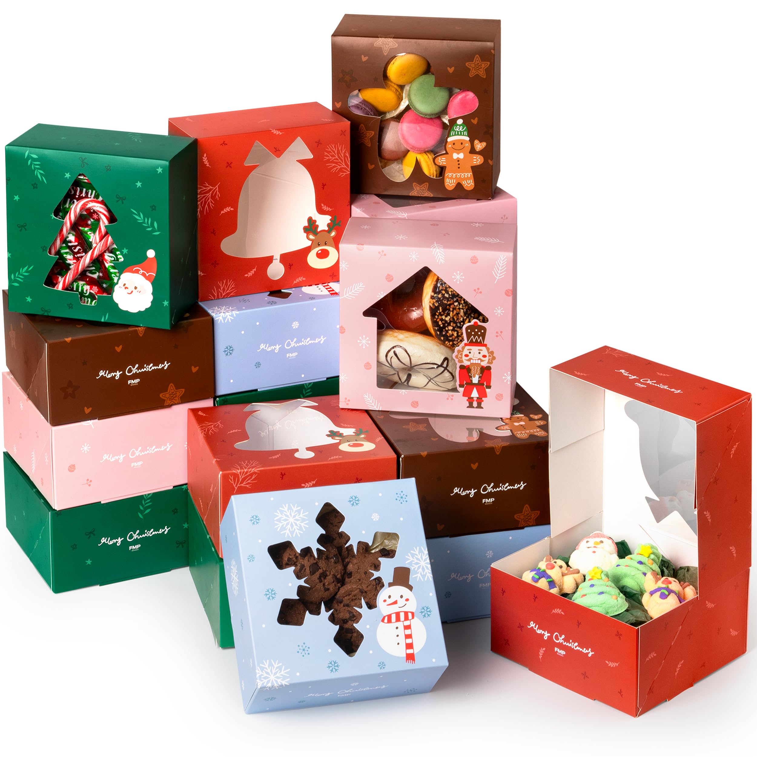 25 Pack Christmas Cookie Boxes with Window - 6x6x3 Inches Auto-Popup Small Treat Gift Boxes for Holiday Baking, Candy, Chocolate & Cupcakes | 5 Color Bakery Packaging for Parties, Gifts & Festive Treats