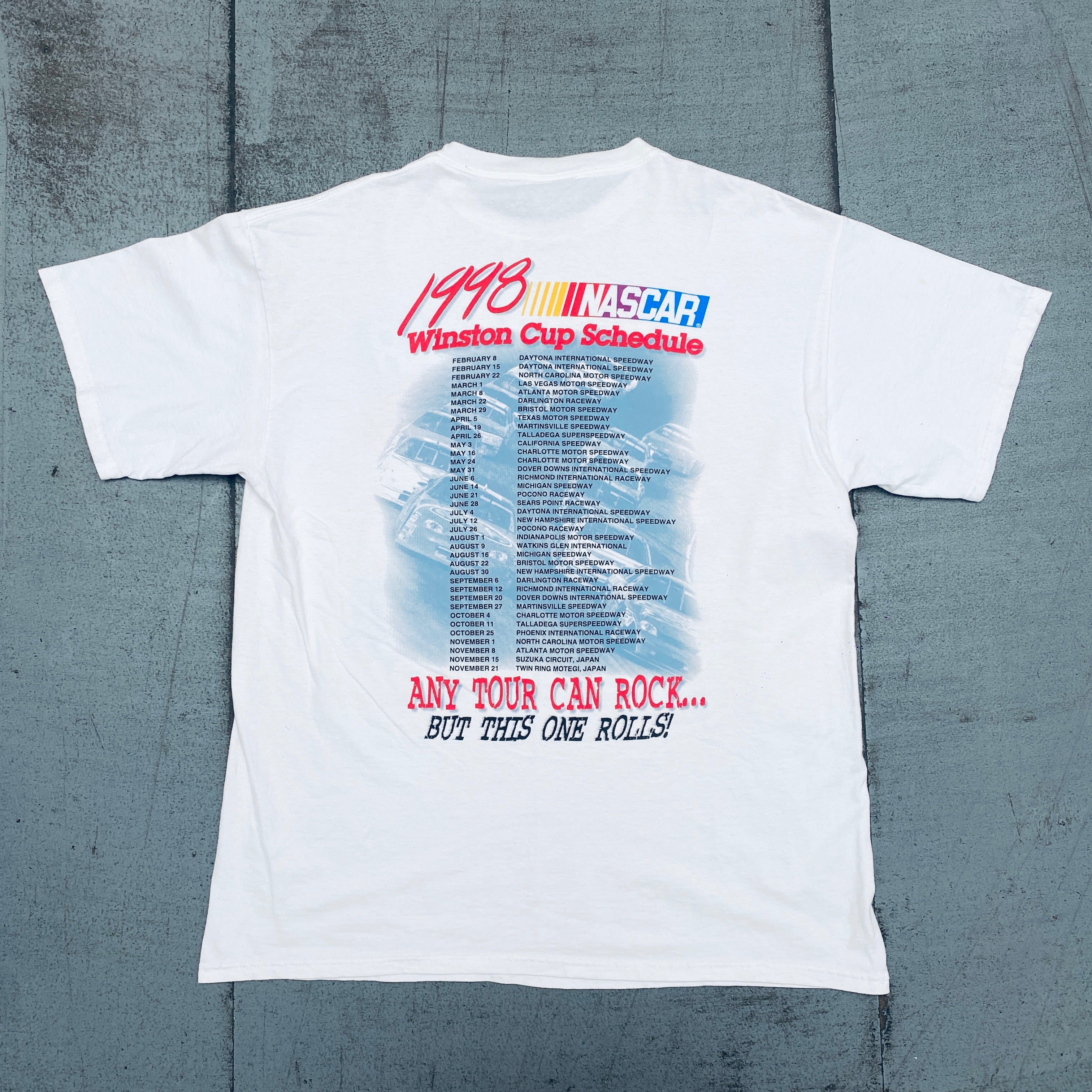Vintage 1998 NASCAR Rolling On Tour Tultex T-Shirt (XL) - Classic Racing Fan Apparel for Collectors & Casual Wear