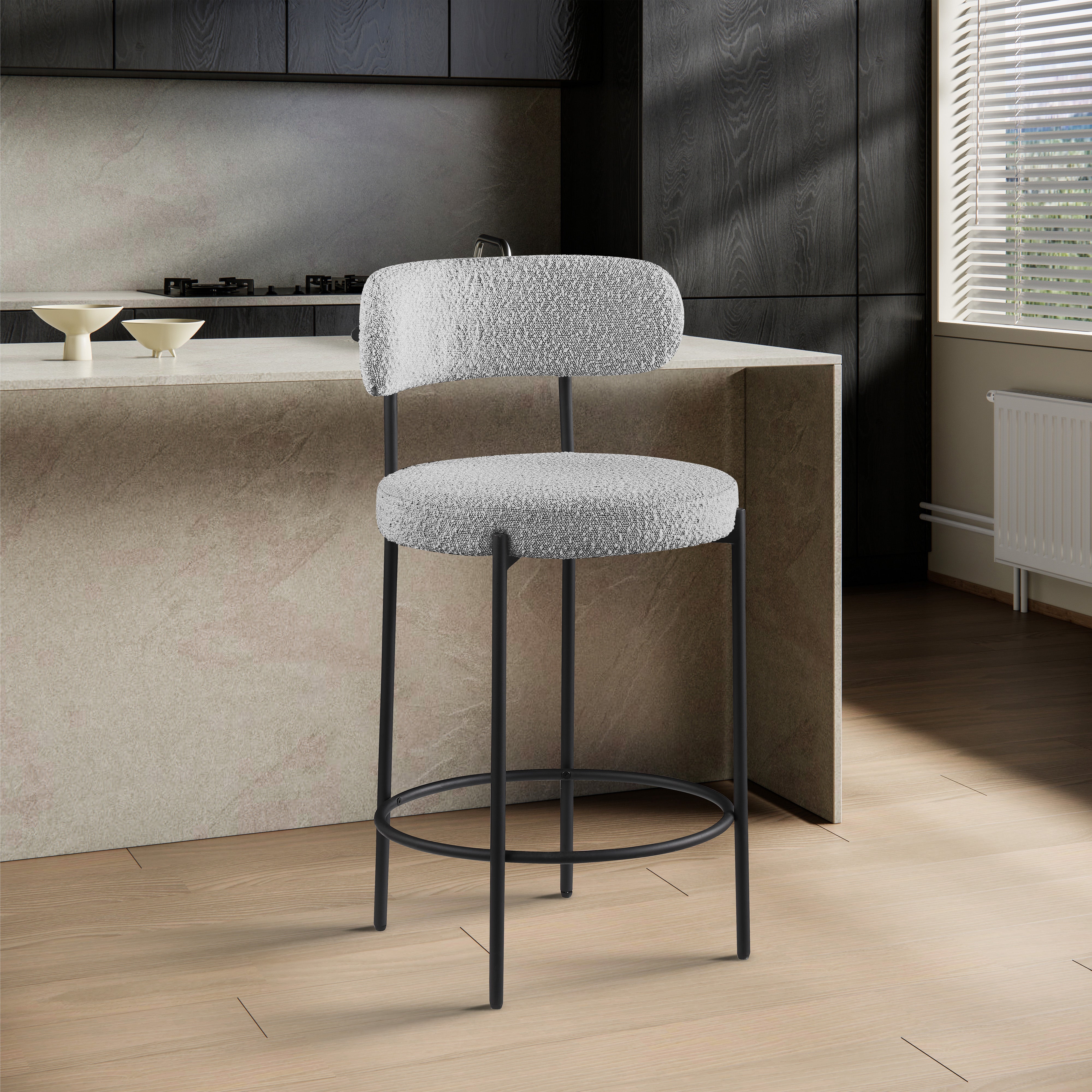 Beacon Boucle Fabric Stool - Modern Round Accent Chair with Soft Textured Upholstery for Living Room, Bedroom & Office Decor