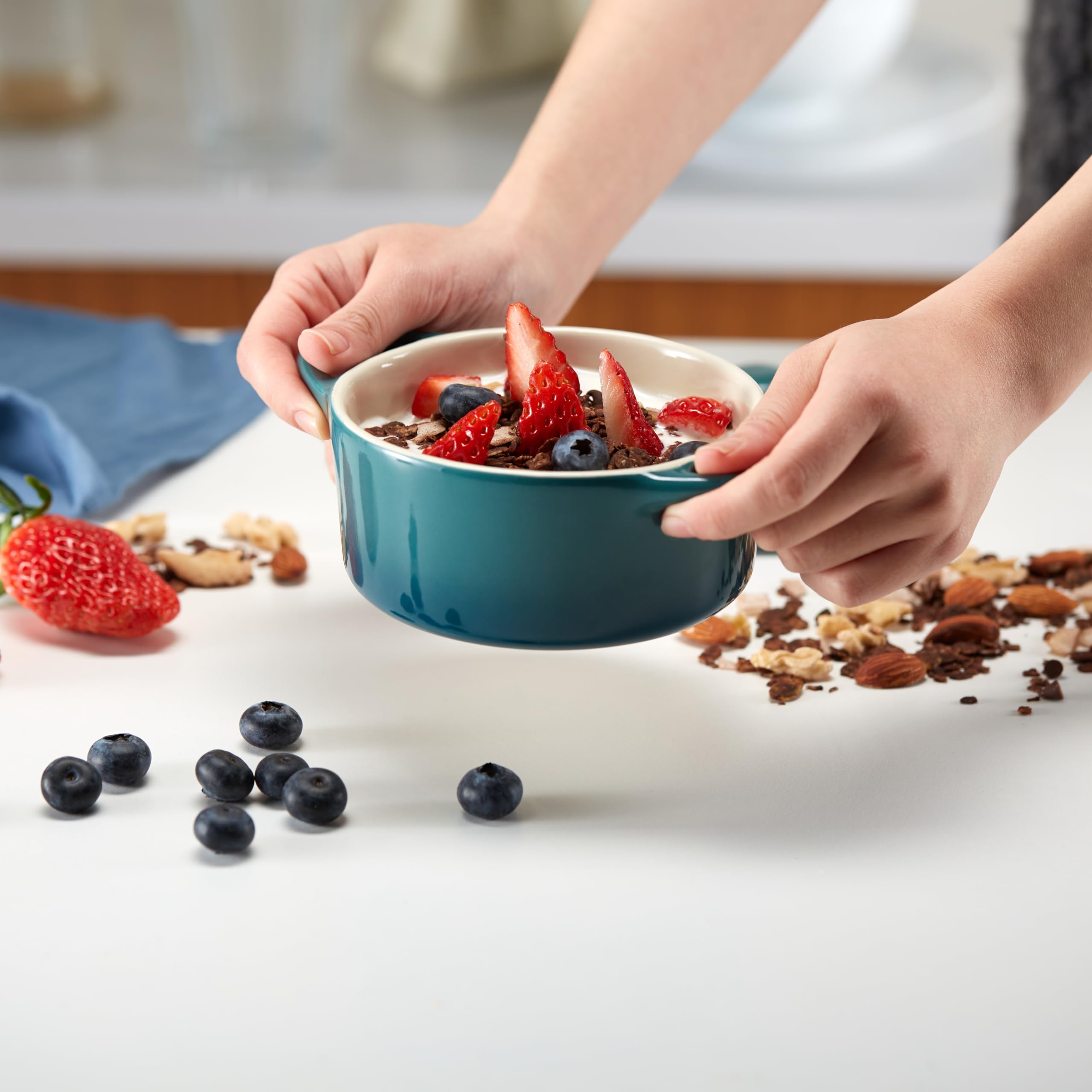 Kook Ceramic Mini Cocotte Set of 4 - 12oz Small Stoneware Casserole Dishes with Lids & Handles | Oven, Microwave & Dishwasher Safe Baking Ramekins in Aqua Ombre | Perfect for Individual Servings, French Onion Soup, Crème Brûlée & Dinner Parties