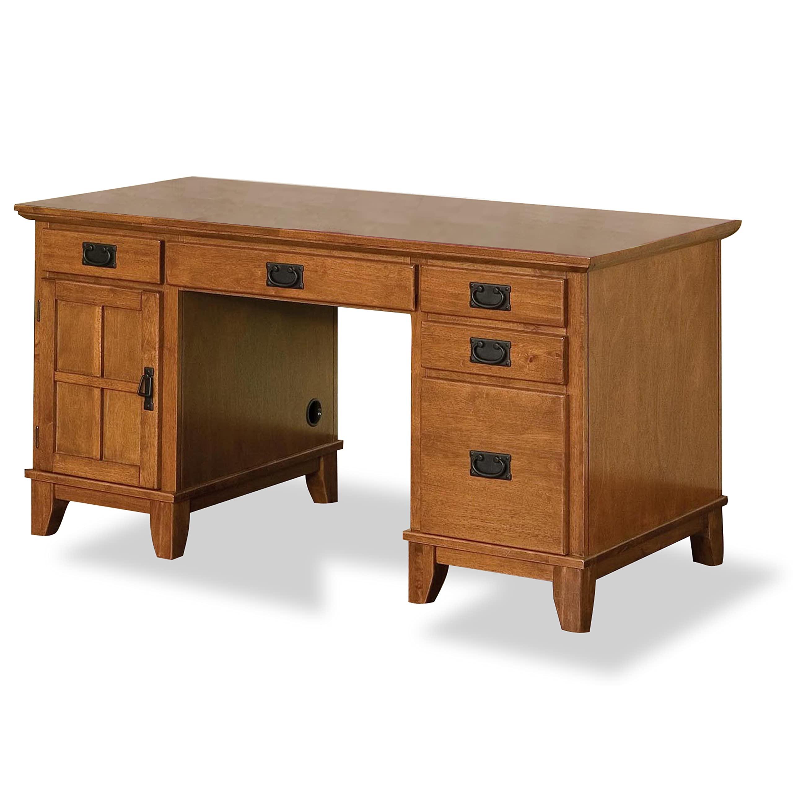 Homestyles Arts & Crafts Pedestal Desk - Solid Wood Writing Desk with Drawers, Brown Finish | Perfect for Home Office, Study Room & Craft Spaces