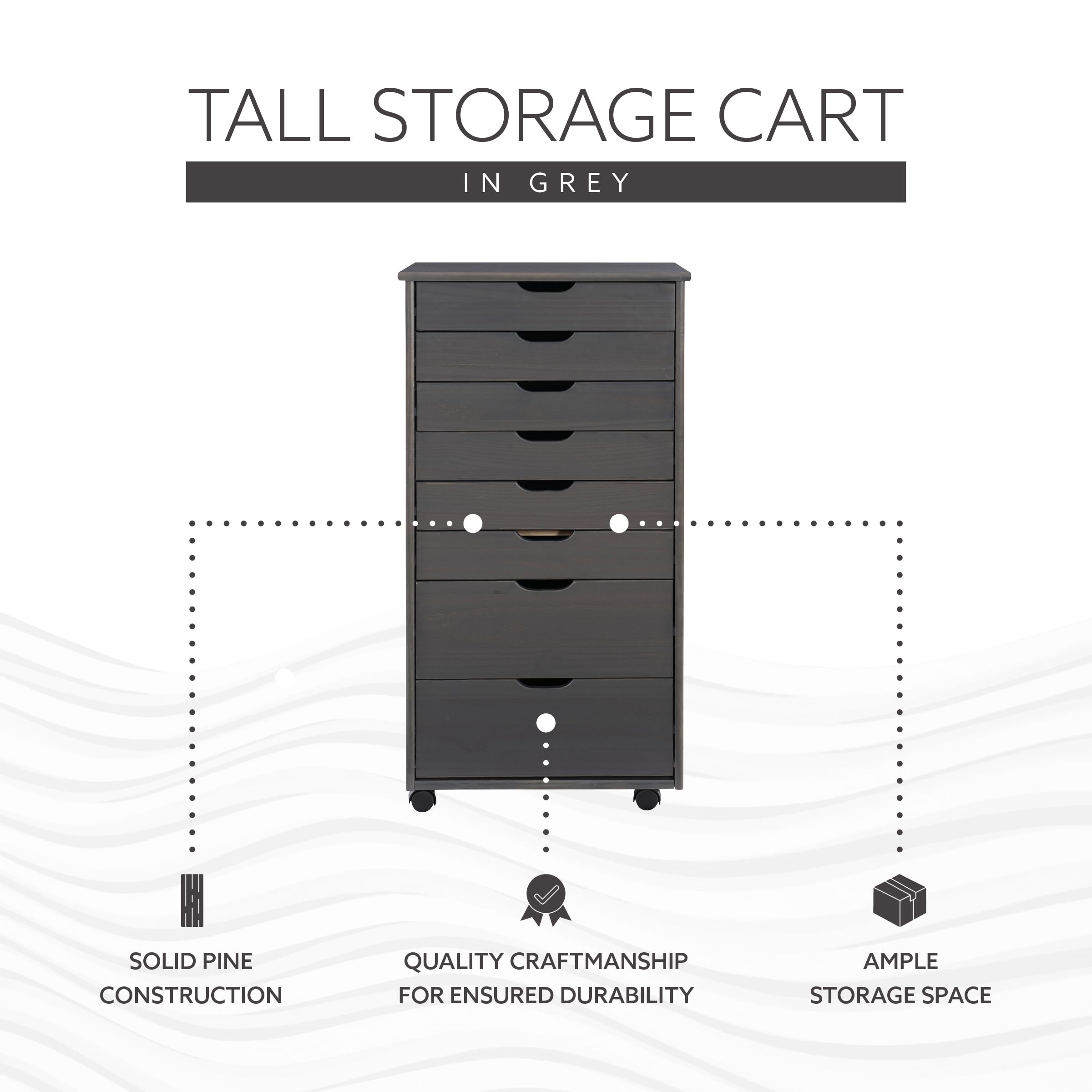 Linon Corinne 8-Drawer Rolling Storage Cart - Grey Organizer for Home, Office & Dorm | Space-Saving Mobile Cabinet for Bedroom, Bathroom & Kitchen Organization