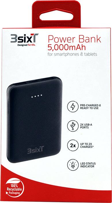 3sixT 5000mAh Ultra-Compact Portable Charger - Slim Power Bank for iPhone, Android & USB Devices - Perfect for Travel, Camping & Emergency Backup