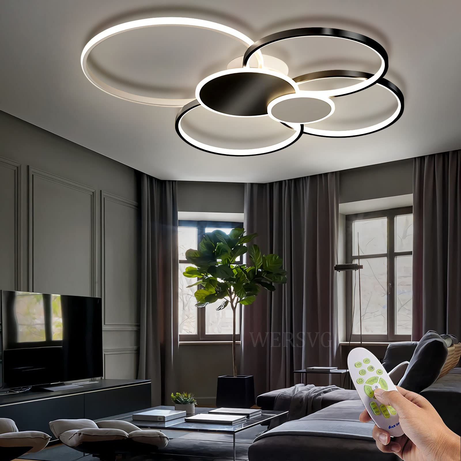 Modern 6-Ring LED Ceiling Light 95W 7840LM Dimmable 3500K-6500K with Remote Control - Black 100cm Round Hall Lamp for Living Room, Bedroom, Kitchen & Dining Room - Perfect for Ambient Lighting and Home Decor