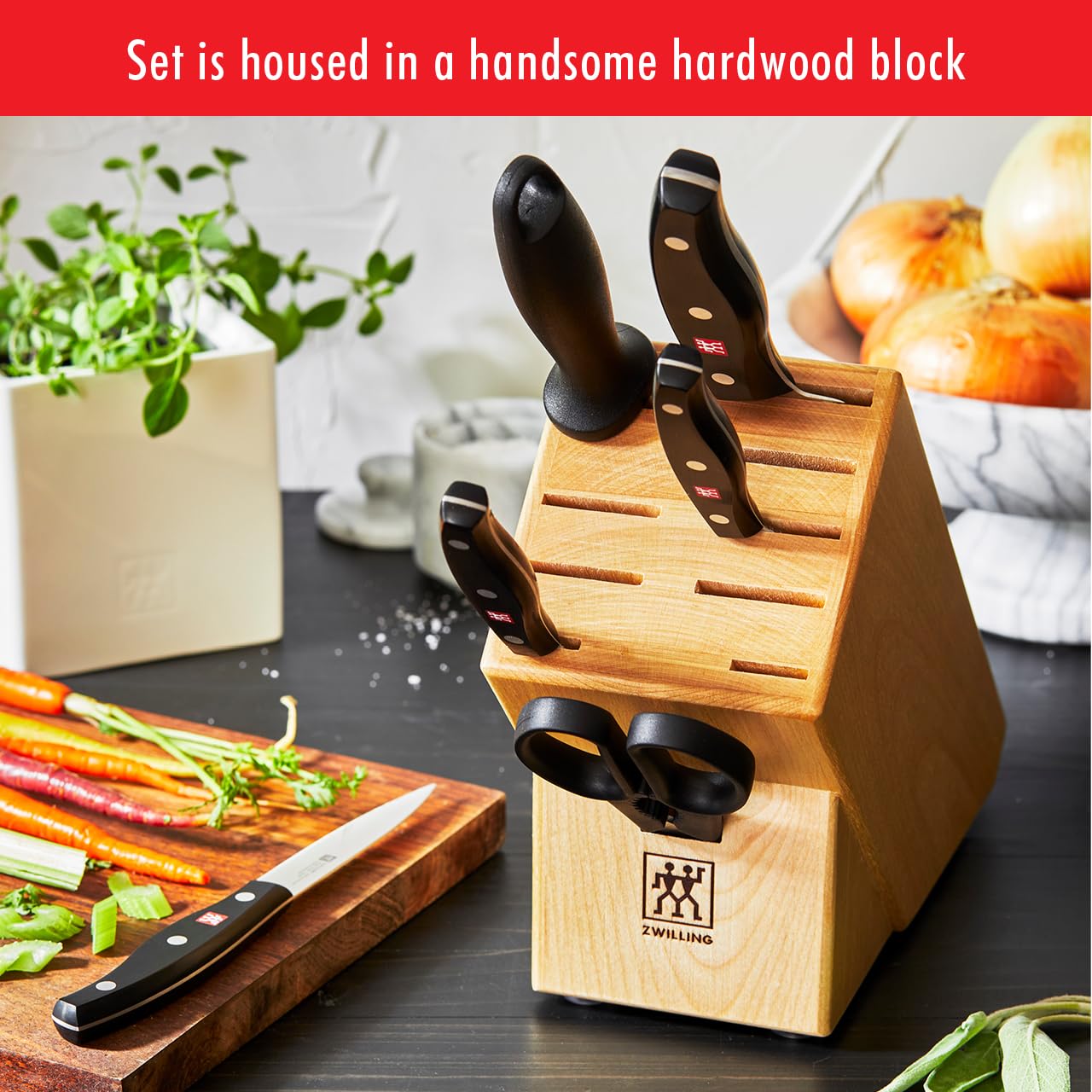 **ZWILLING Twin Signature 7-Piece German Knife Set with Block - Razor-Sharp High-Carbon Stainless Steel Knives, Dishwasher Safe - Perfect for Professional Chefs & Home Cooking, Meat Cutting, Vegetable Chopping, and More**