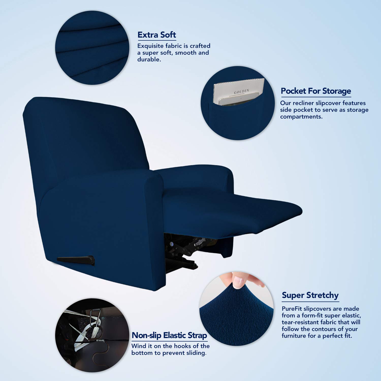 PureFit Super Stretch Chair Sofa Slipcover with Pocket - Spandex Non-Slip Soft Couch Cover, Washable Furniture Protector with Elastic Bottom for Kids & Pets (Recliner, Navy) | Perfect for Living Room, Family Gatherings & Pet-Friendly Homes
