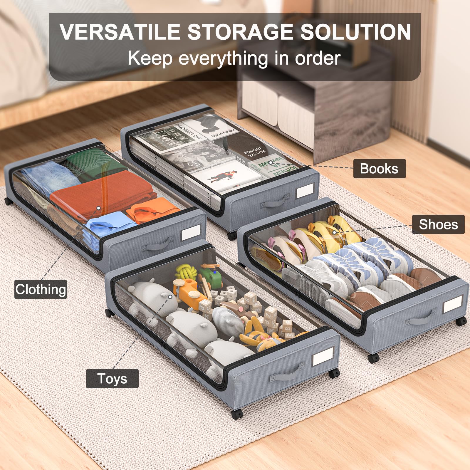 GoMaihe Under Bed Storage with Wheels: XXL Underbed Storage Bins with Lids - Rolling Drawers for Shoes, Clothes & Bedding - Space-Saving Organizer for Dorm, Bedroom, Closet - Easy Pull-Out Grey 2-Pack - Perfect for Seasonal Storage & Small Space Organization