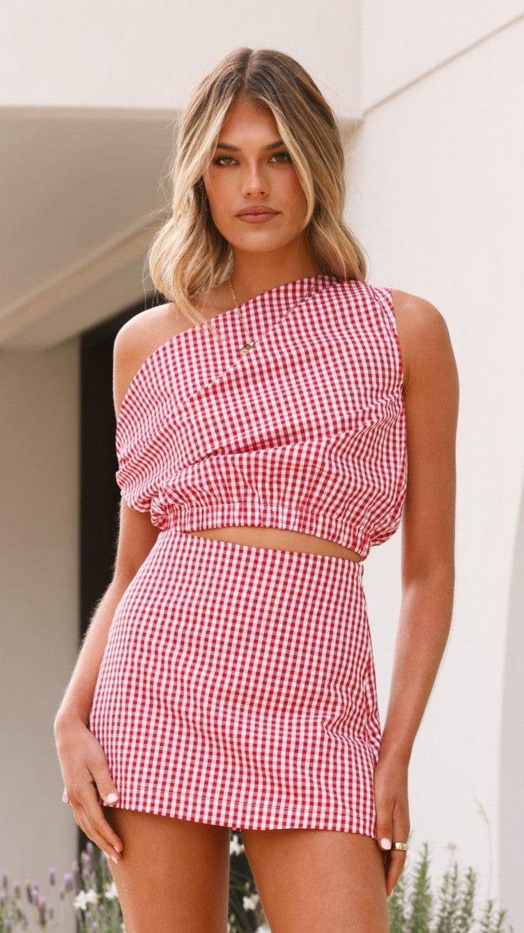Red Gingham Jeane Top for Women - Stylish Summer Blouse for Casual Outings & Picnics