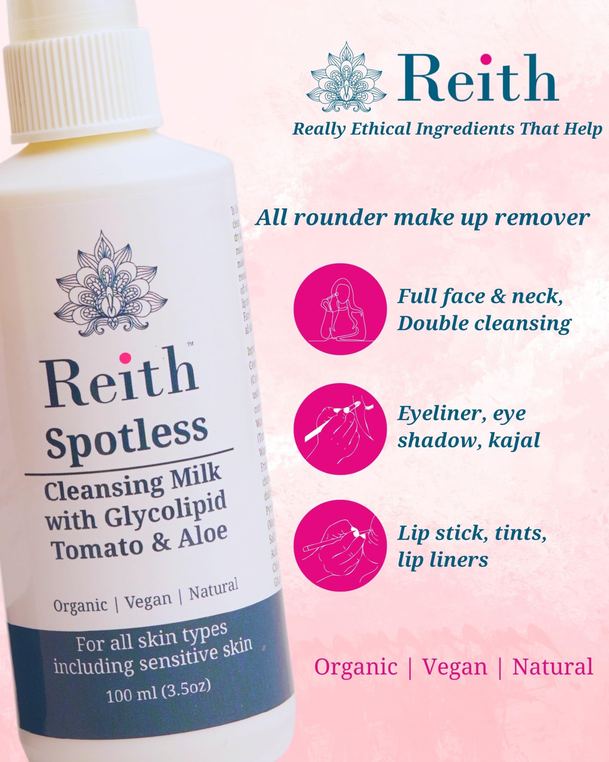 Reith Spotless Cleansing Milk - Gentle Winter Face Wash & Makeup Remover for Face & Eyes with Tomato & Vitamin E (100ml) | Perfect for Dry Skin & Nighttime Skincare Routine