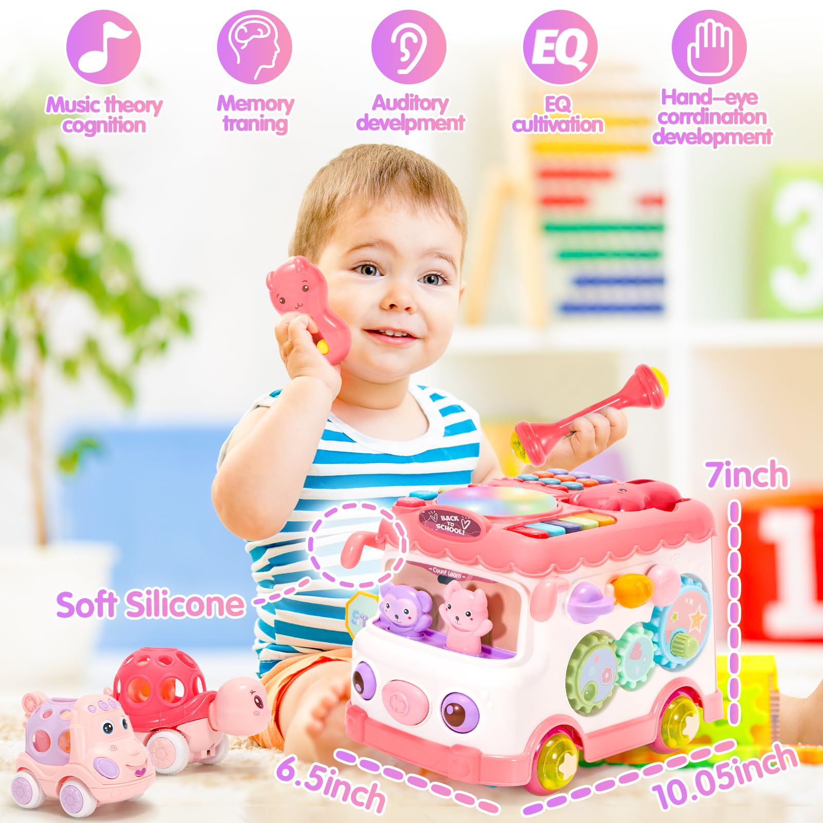 10-in-1 Montessori Bus Toy for Toddlers 1-2 Years Old - Educational Musical Sensory Learning Toys for Baby Girls 6-18 Months - Perfect First Birthday & Christmas Gift (Pink) - Great for Early Childhood Development & Playtime Learning