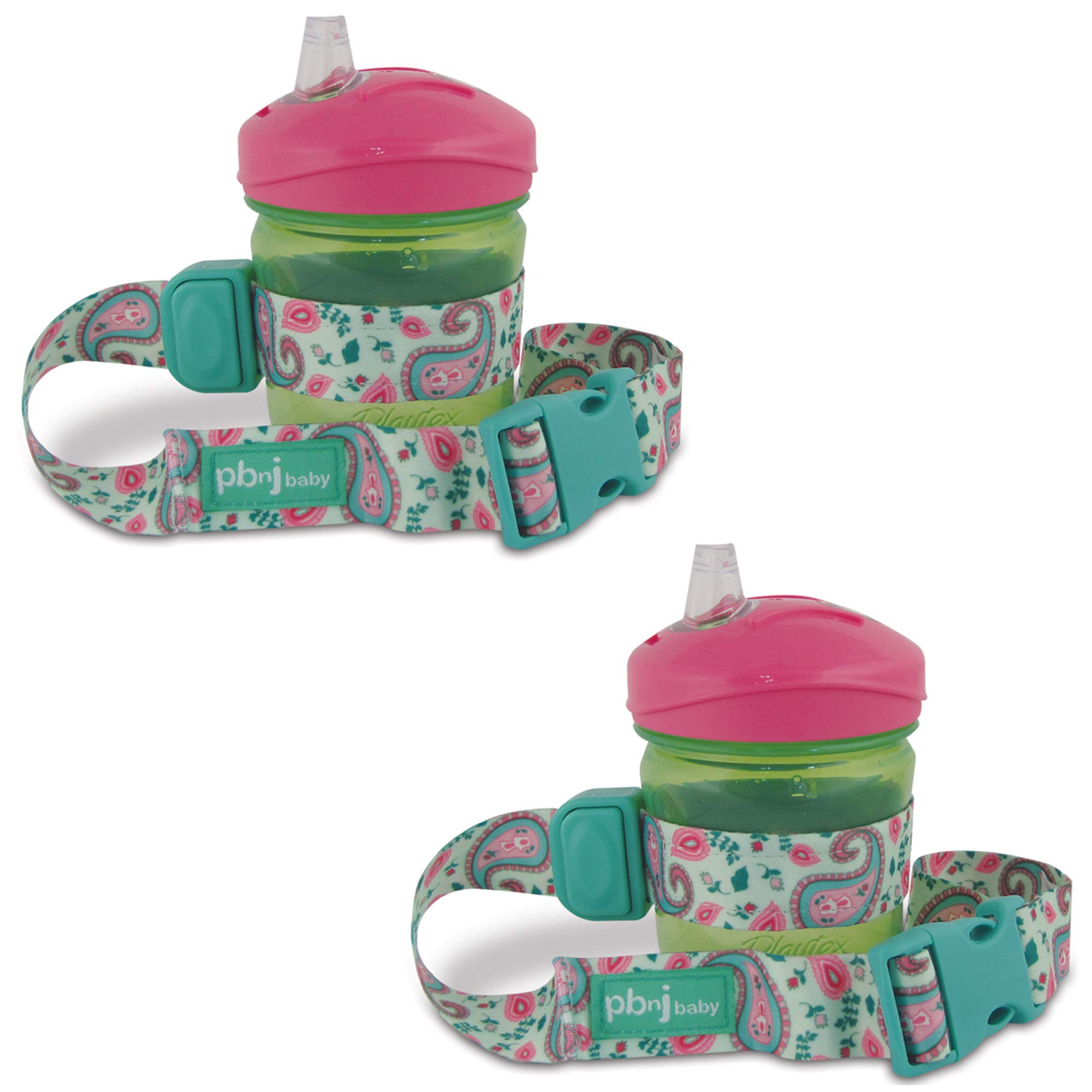 SippyPal Sippy Cup Holder Strap Leash Tether - 2 Pack Green Paisley Baby Bottle Holder for Stroller, High Chair & Car Seat - Hands-Free Feeding Solution for Toddlers On-The-Go