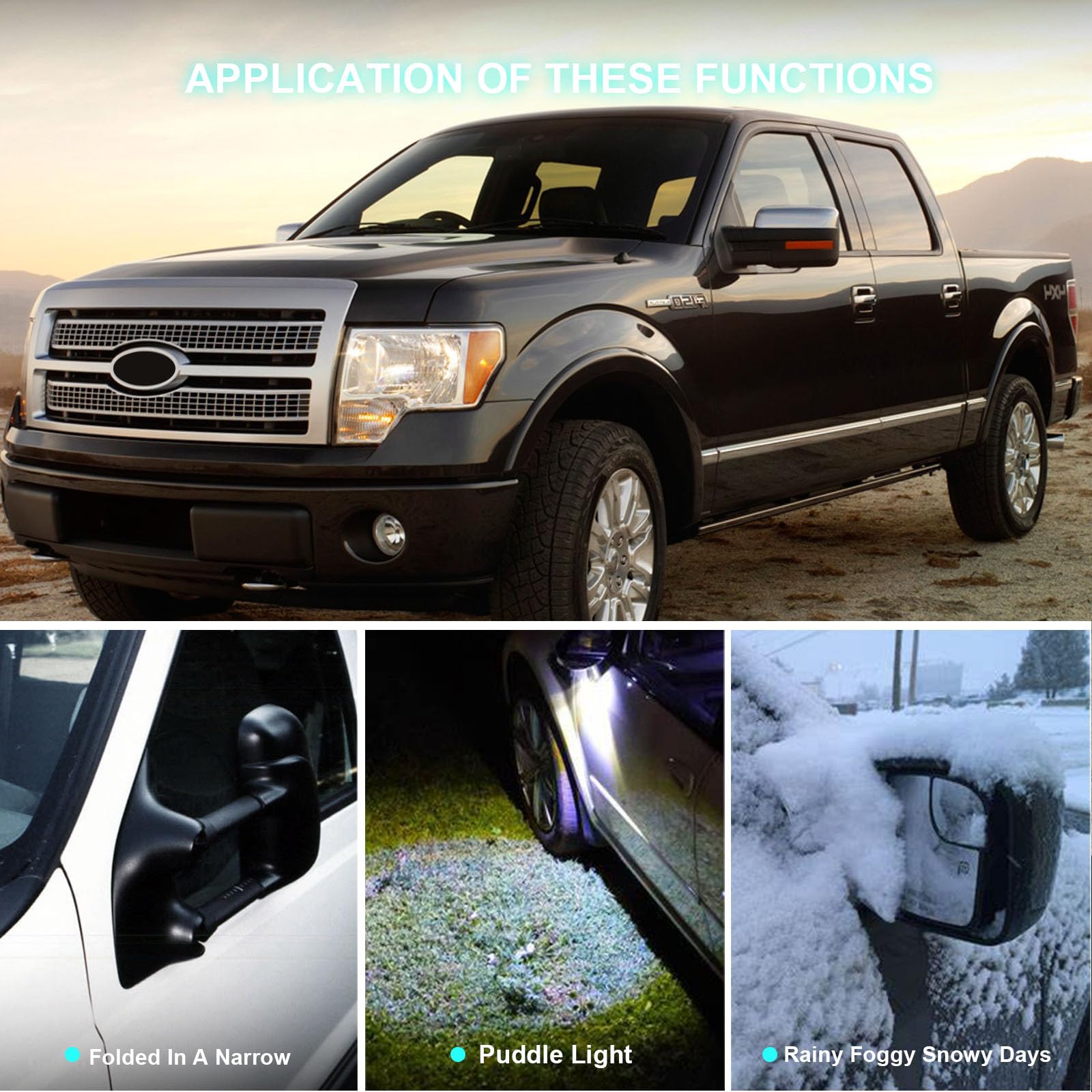 SCITOO Power-Adjusted Heated Towing Mirrors with Turn Signal & Puddle Light - Chrome Housing & Reflective Stripe - Replacement Tow Mirrors for 2004-2014 Ford F150 Pickup - Perfect for Towing, Off-Roading & Night Driving