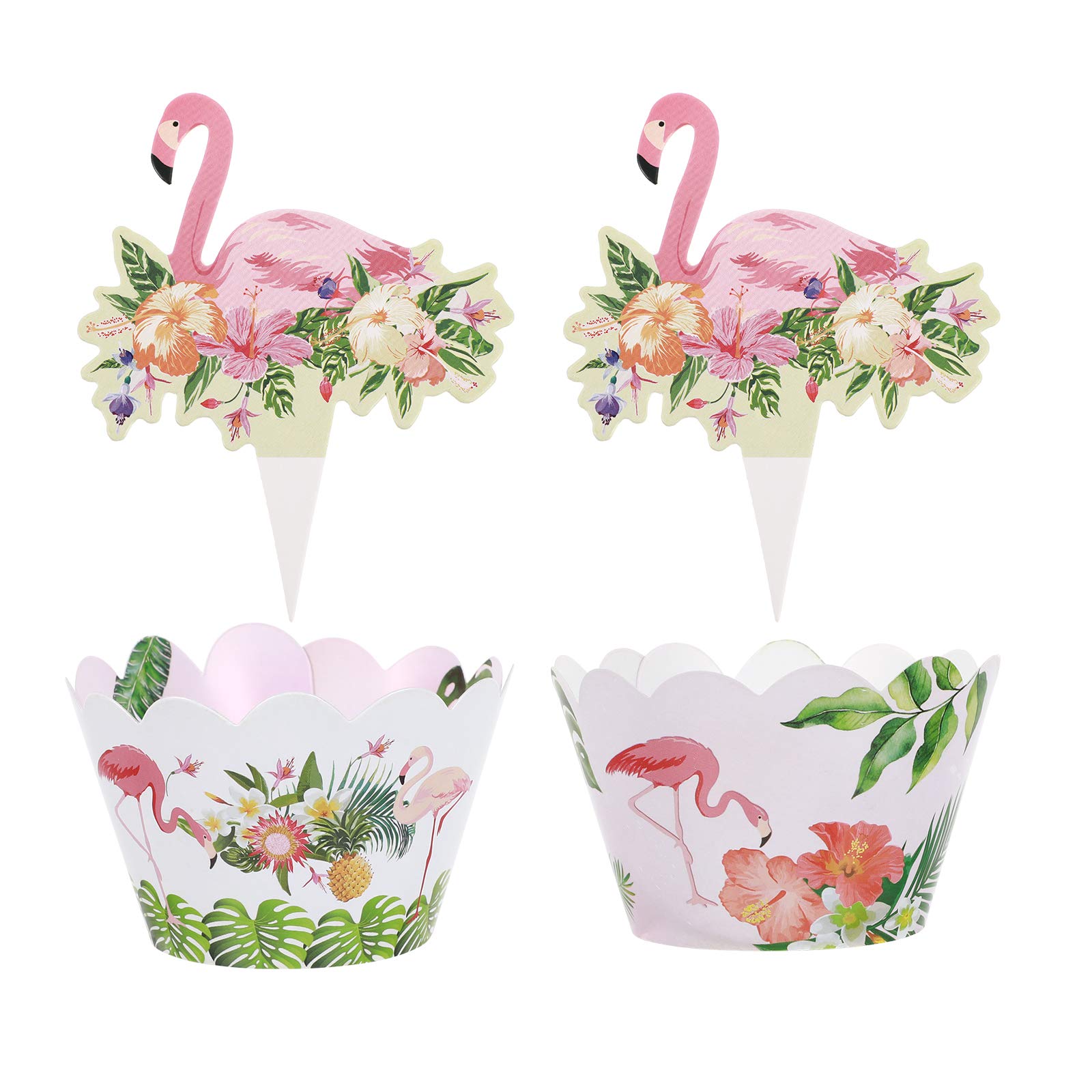 24pcs Flamingo Cake Toppers & Cupcake Wrappers - Tropical Birthday Party Decorations for Summer Pool Party, Baby Shower, Bridal Shower & Birthday Cakes