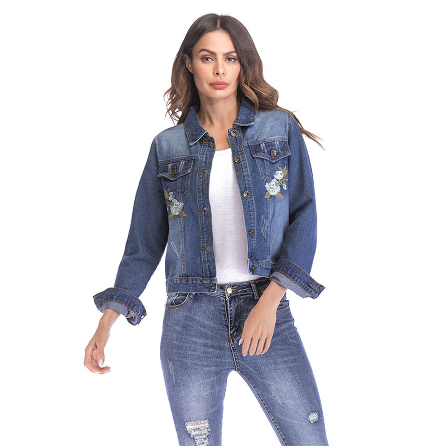 Andongnywell Women's Embroidered Floral Denim Jacket - Stylish Casual Jean Jacket for Spring & Fall | Perfect for Outdoor Activities, Dating & Street Fashion