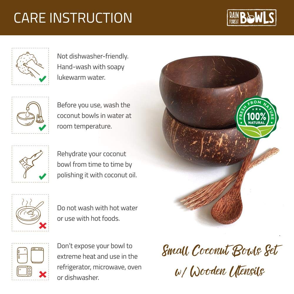 2 Pack Eco-Friendly Handmade Coconut Bowls with Wooden Forks - 100% Natural Organic Kitchenware Set - Sustainable Reclaimed Coconut Shell Bowls for Smoothie, Acai, Buddha Bowls, Salads & Healthy Snacks