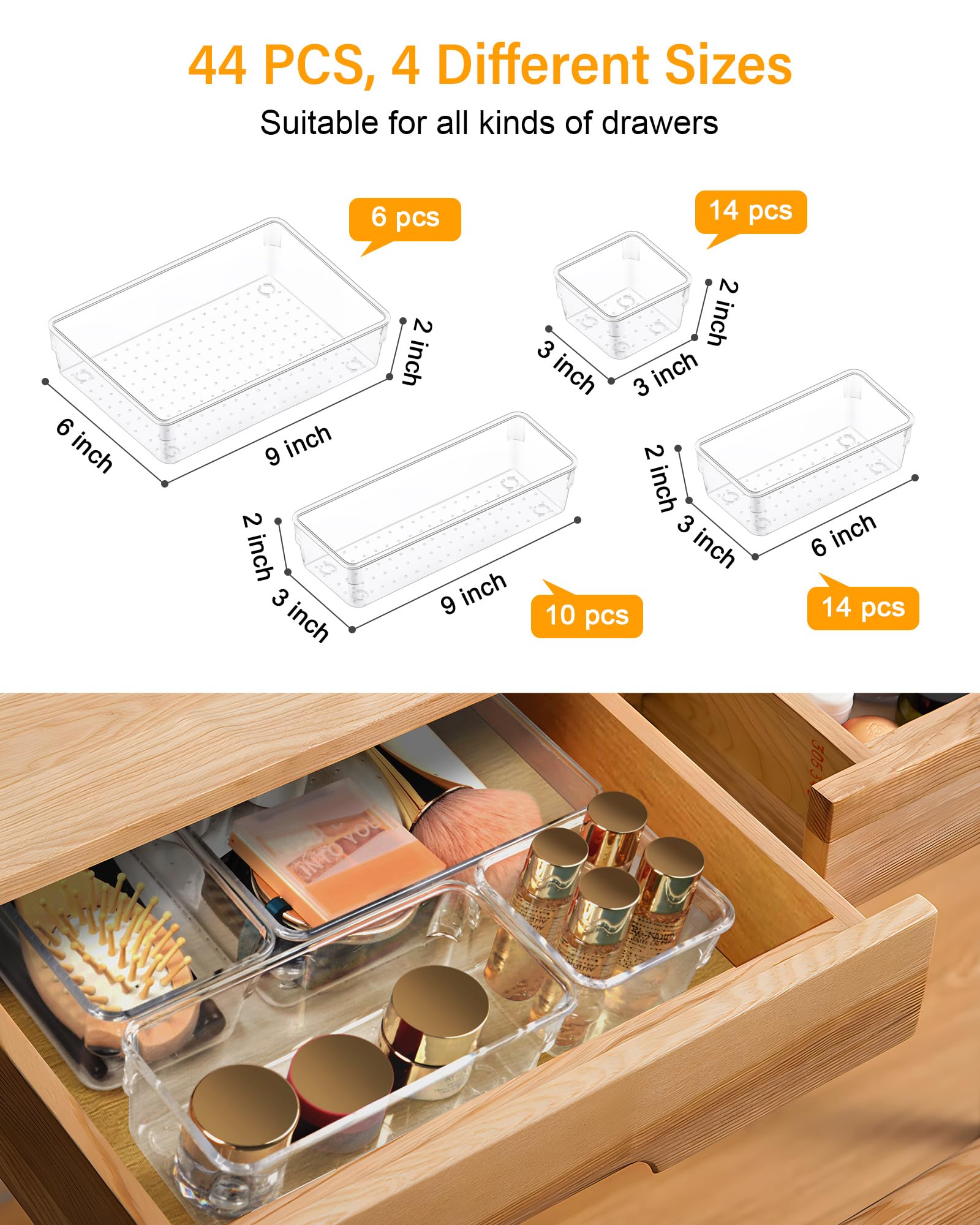 44-Piece Clear Plastic Drawer Organizer Set - 4-Size Stackable Storage Bins for Bathroom Vanity, Makeup, Kitchen Utensils & Office Supplies - Space-Saving Drawer Dividers for Home & Office Organization