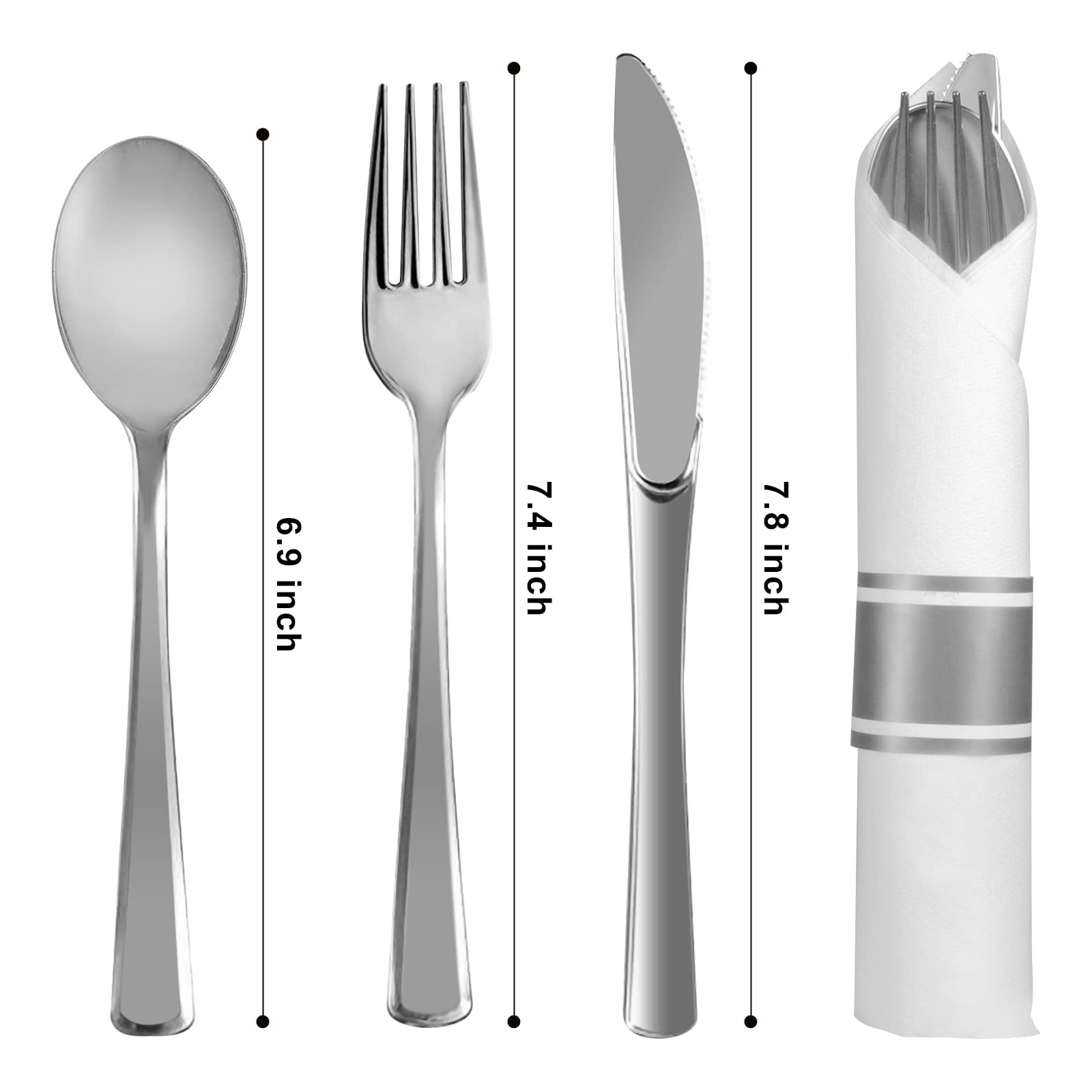 720-Piece Pre-Rolled Silver Plastic Cutlery Set - 180 Pack Disposable Silverware with Napkins | Bulk Disposable Silverware for Parties, Weddings & Catering Events