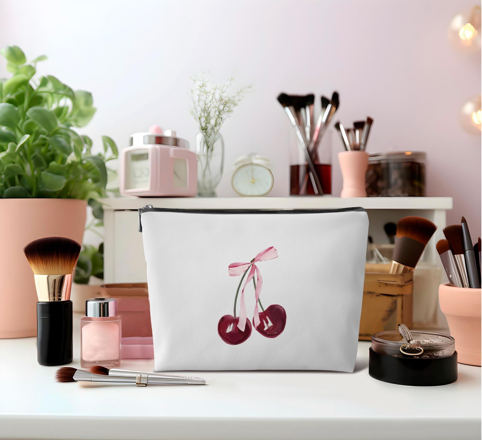 Trendy Coquette Pink Bow Cherry Leather Travel Makeup Bag - Waterproof Toiletry Pouch for Women & Girls - Perfect Cosmetic Organizer for Travel, Gym, and Daily Use - Cute Gift Idea for Daughter, Wife, and Friends