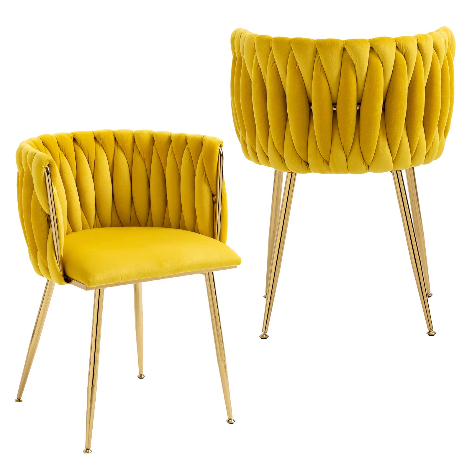 NIOIIKIT Modern Velvet Dining Chairs Set of 2 - Handwoven Accent Chairs with Golden Metal Legs, Upholstered Side Chairs for Living Room, Dining Room, Kitchen & Vanity (Mustard Yellow) | Perfect for Home Decor, Dinner Parties & Cozy Seating