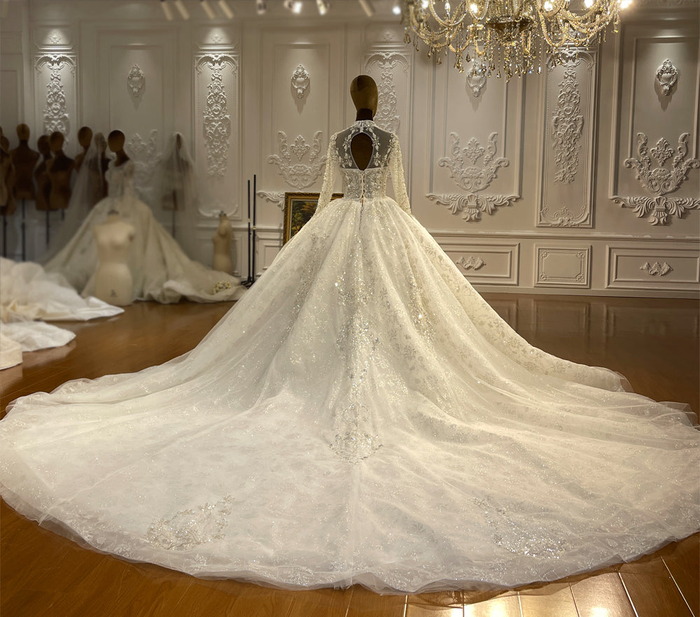 Elegant V-Neck Applique Long Train Wedding Dress - Perfect for Bridal Gowns, Formal Events & Romantic Ceremonies